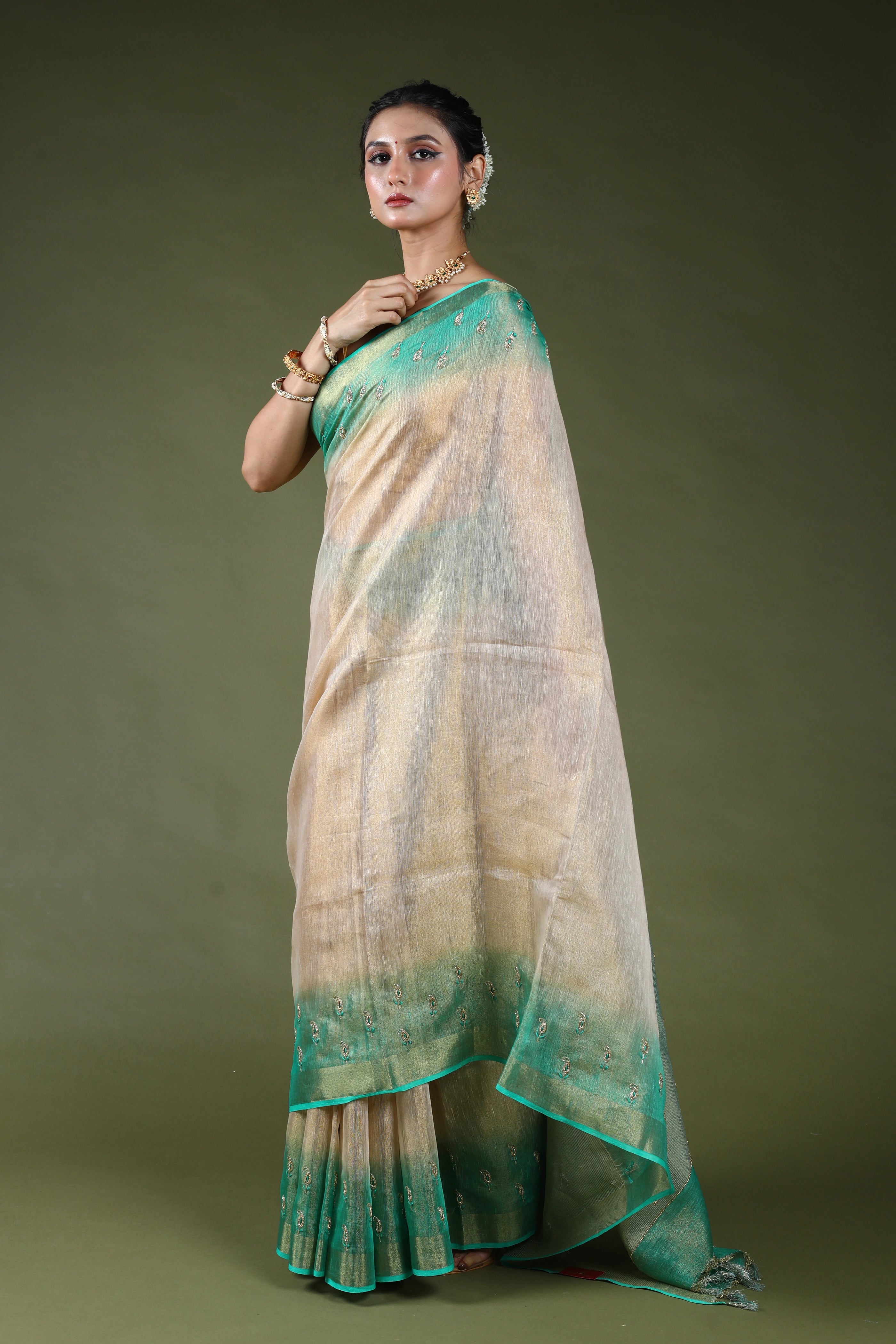 Beige Semi Tissue Linen Saree With Blouse Piece