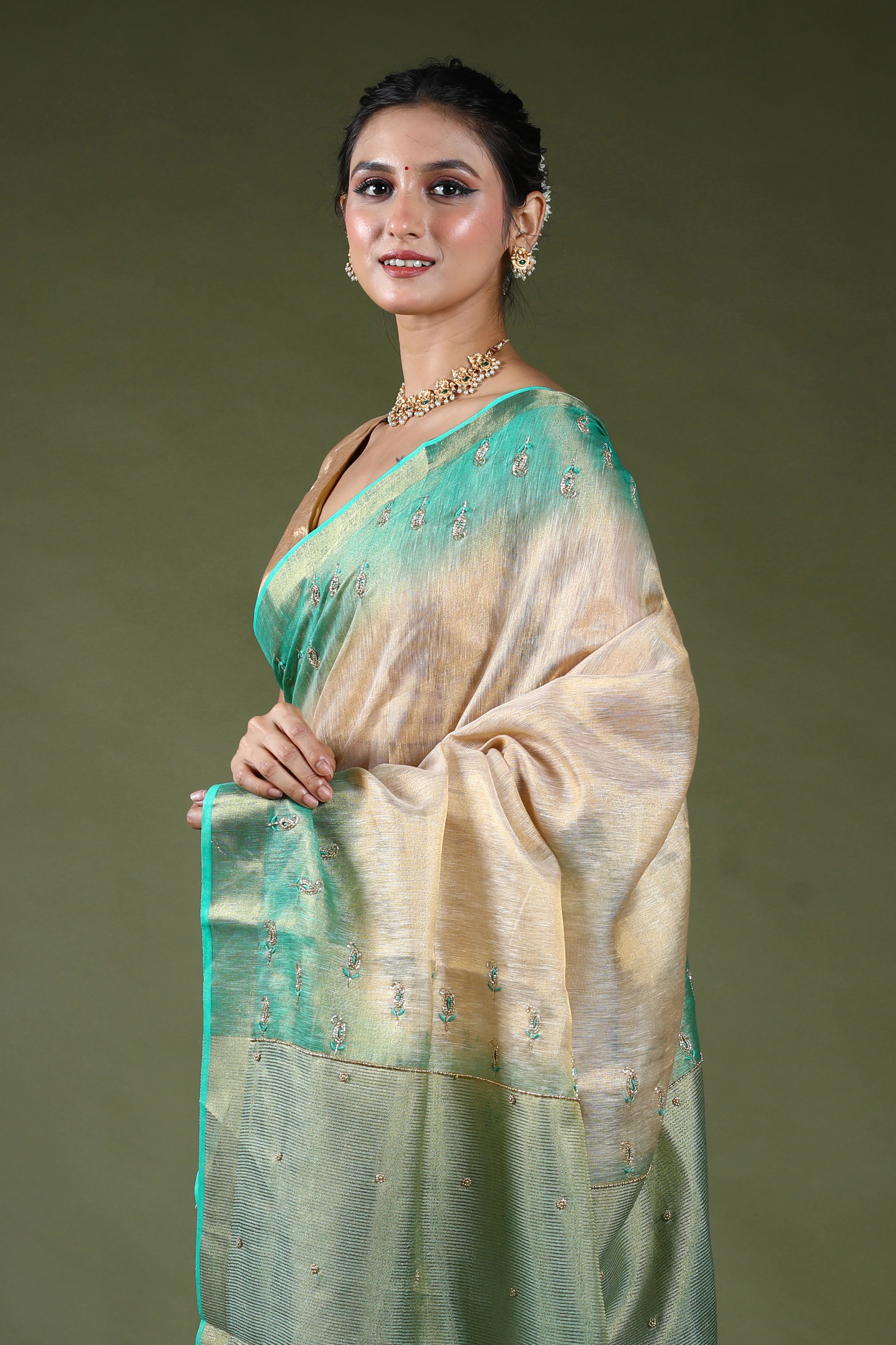 Beige Semi Tissue Linen Saree With Blouse Piece