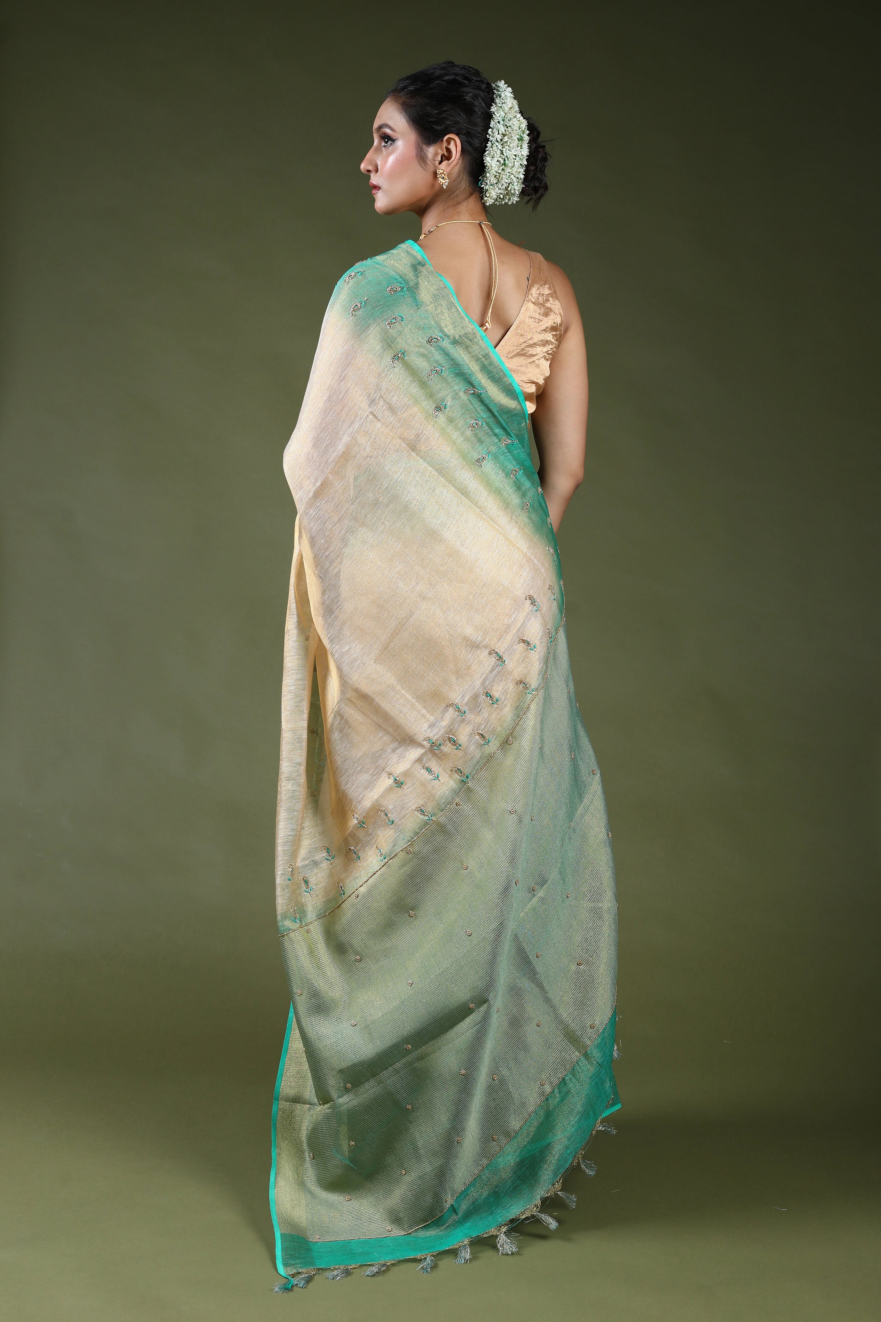 Beige Semi Tissue Linen Saree With Blouse Piece