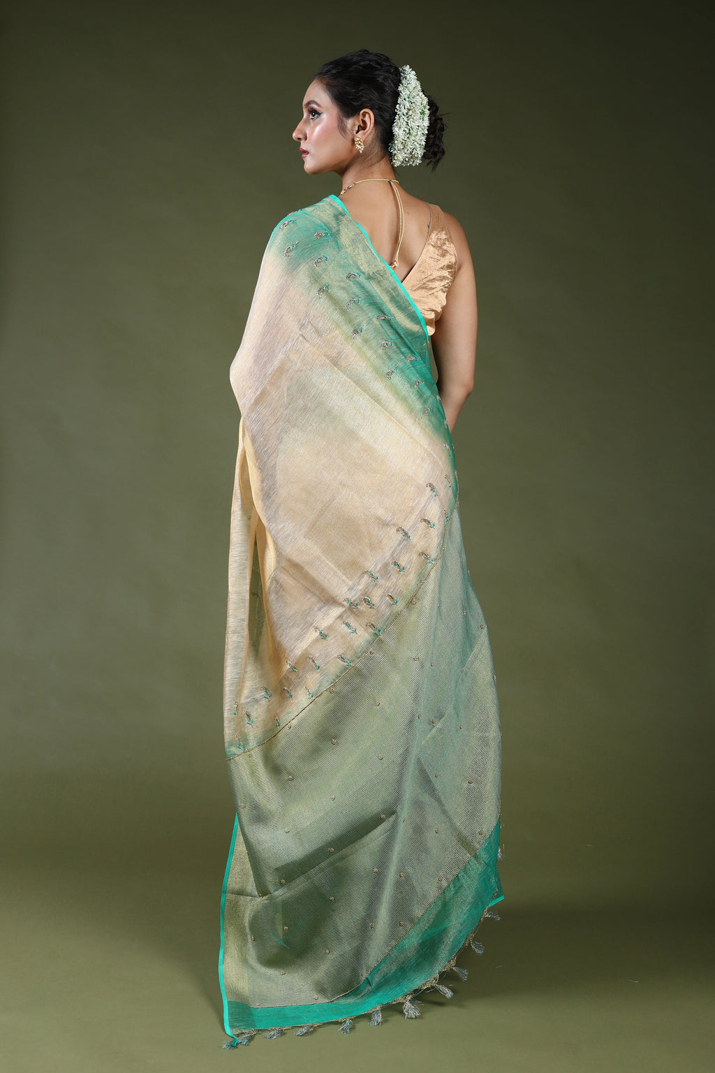 Beige Semi Tissue Linen Saree With Blouse Piece