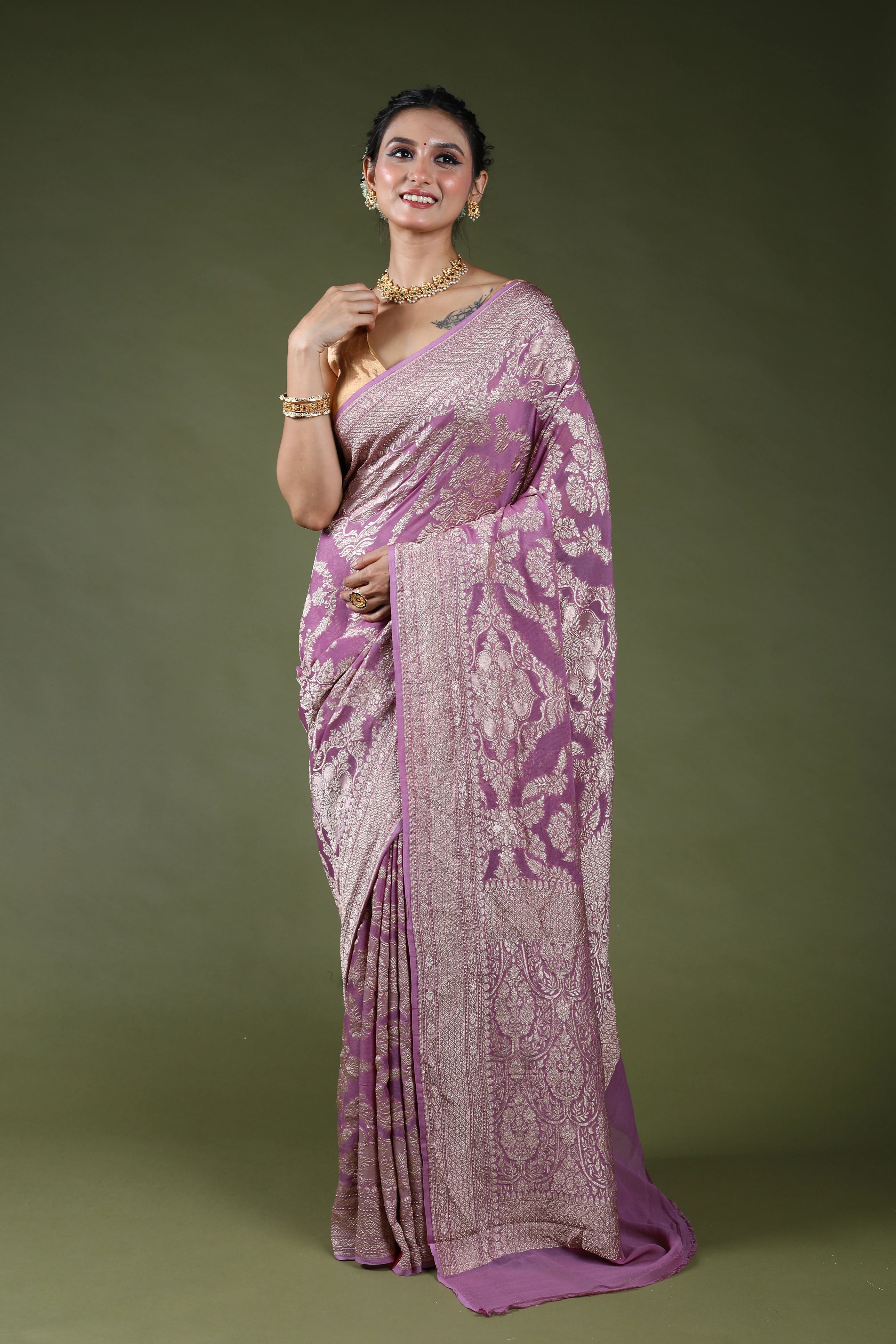 Dusty Lavender Pure Georgette Saree With Blouse Piece