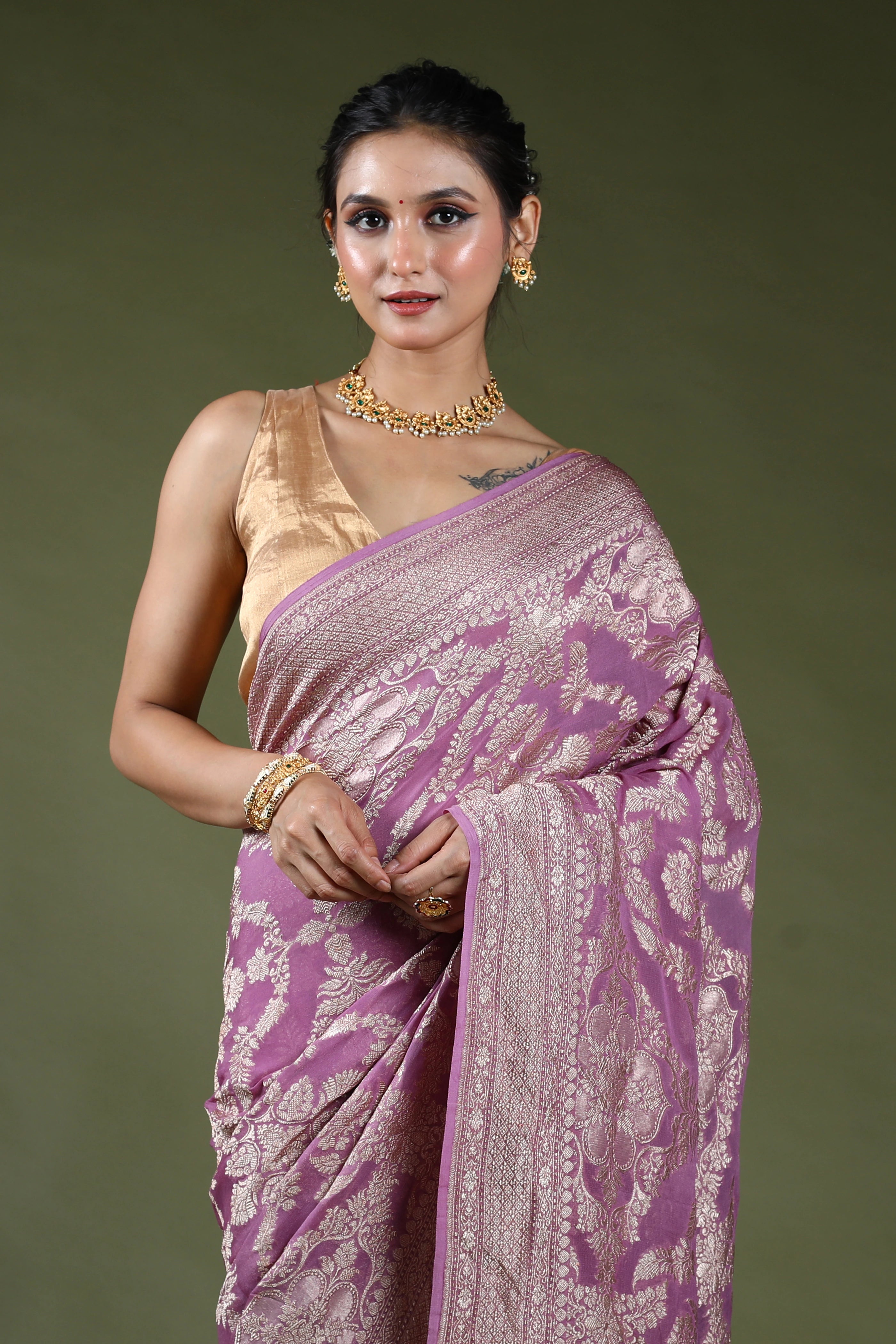 Dusty Lavender Pure Georgette Saree With Blouse Piece