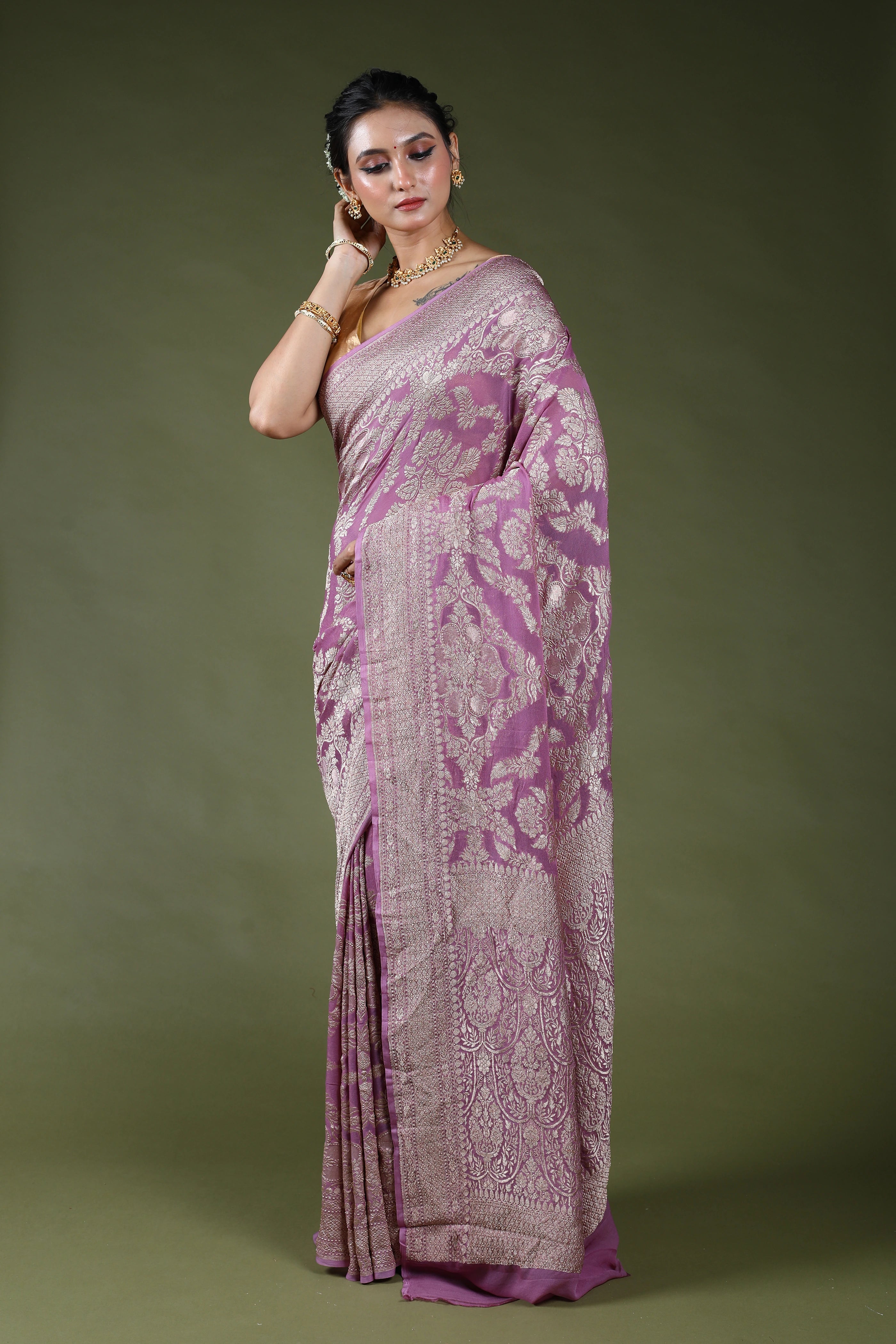 Dusty Lavender Pure Georgette Saree With Blouse Piece