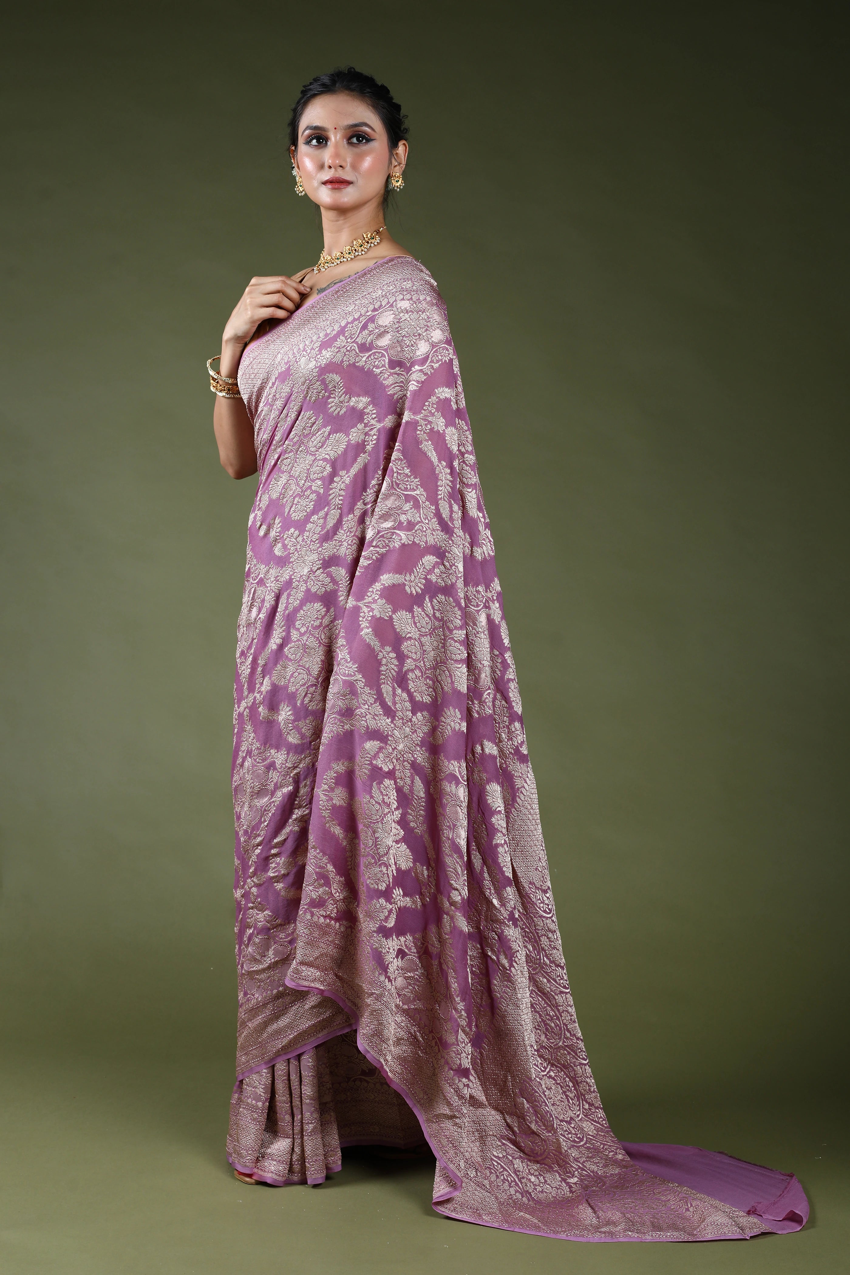 Dusty Lavender Pure Georgette Saree With Blouse Piece