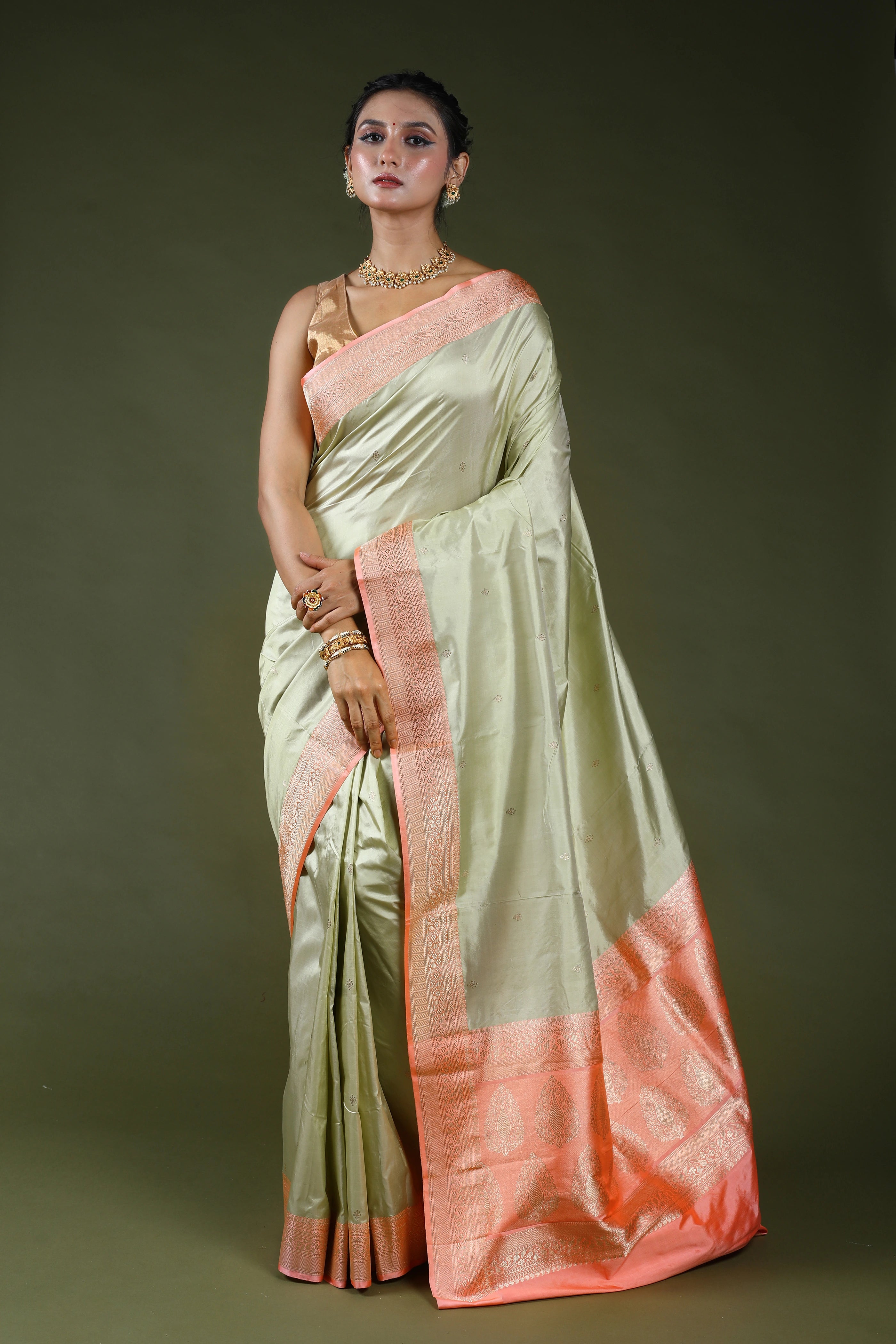 Pista Green Pure Katan Silk Saree With Blouse Piece