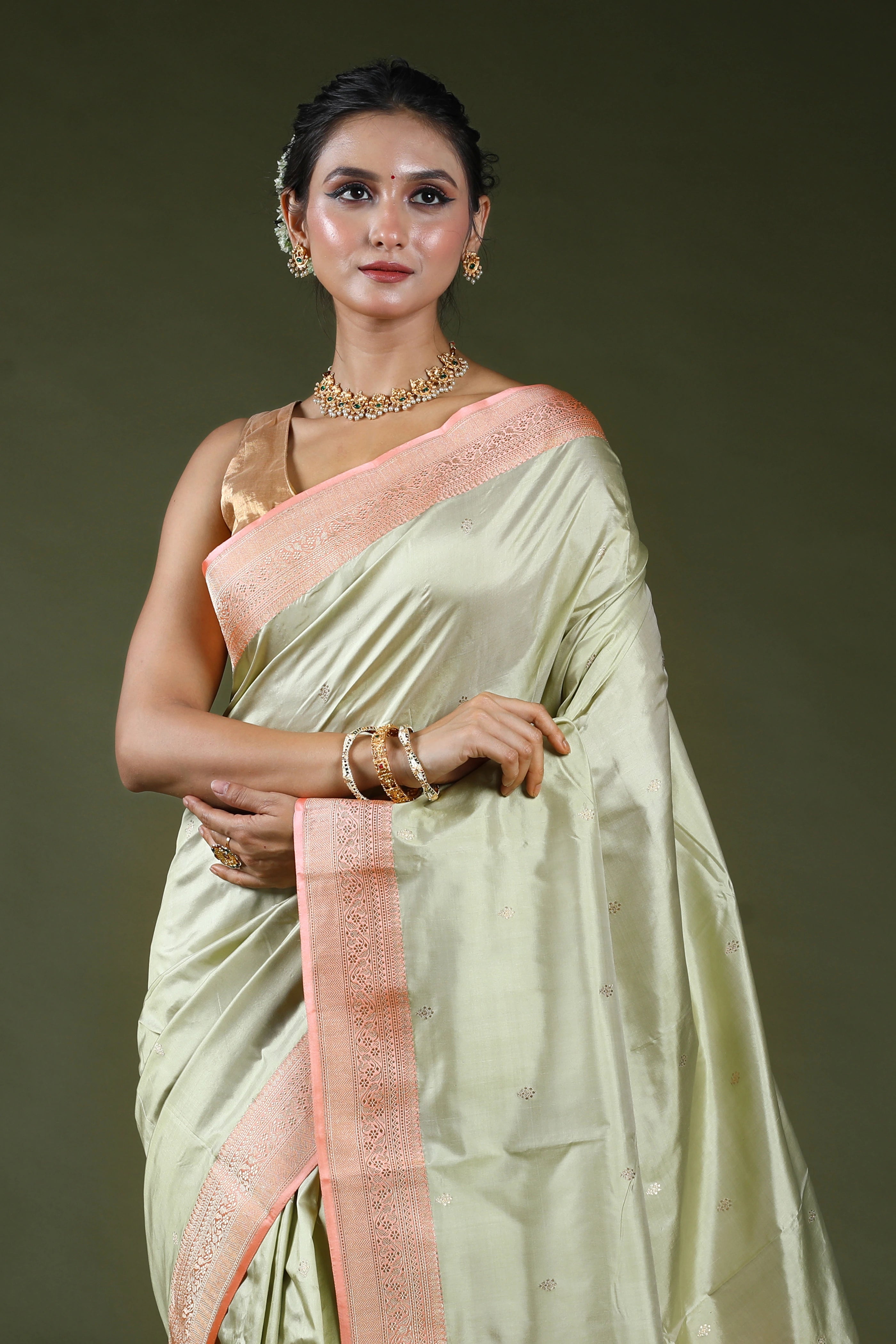 Pista Green Pure Katan Silk Saree With Blouse Piece