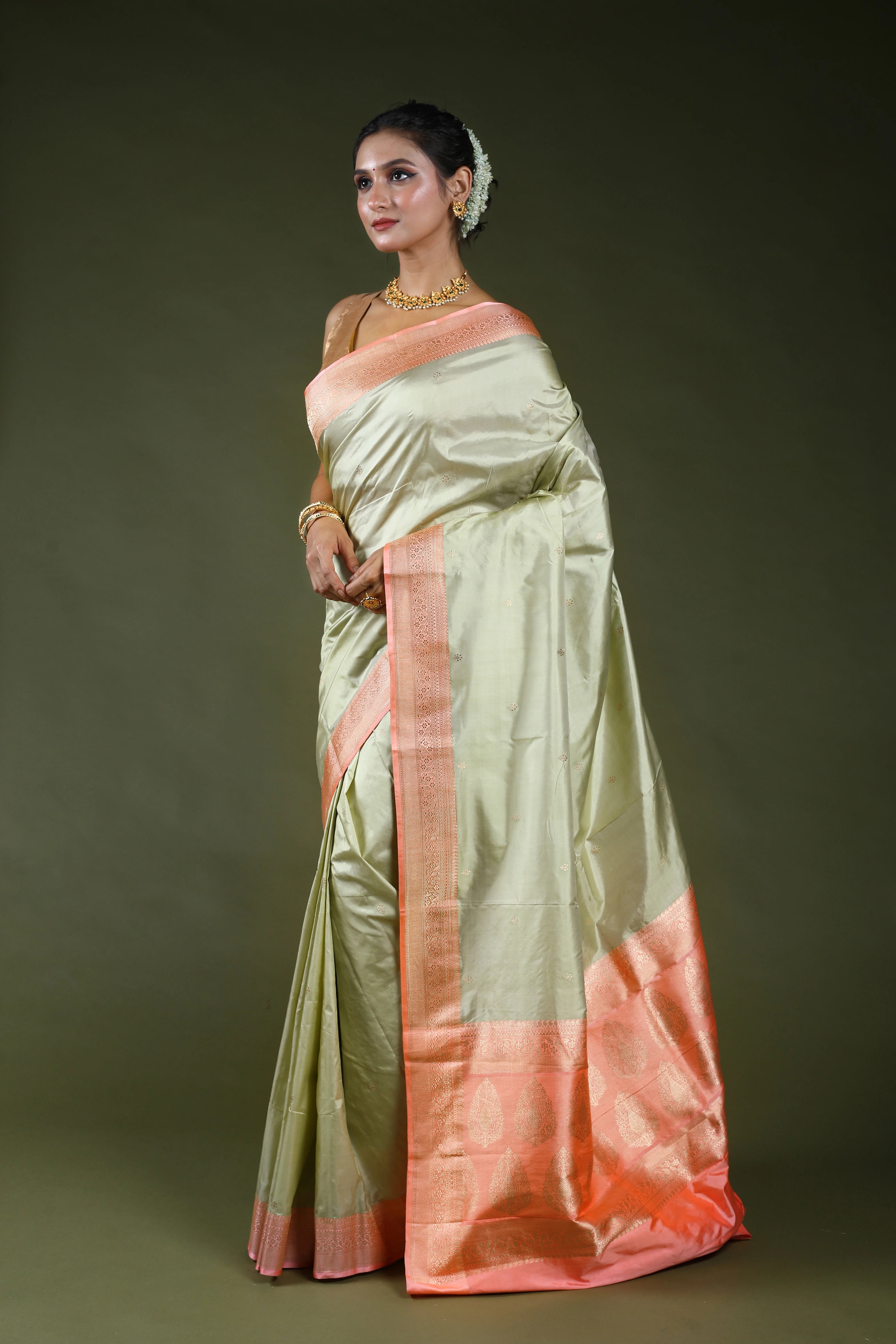 Pista Green Pure Katan Silk Saree With Blouse Piece