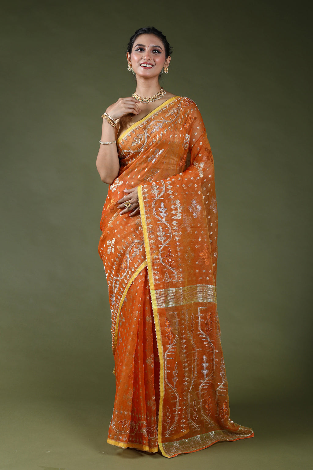 Orange Karchupi Jamdani Saree With Blouse Piece