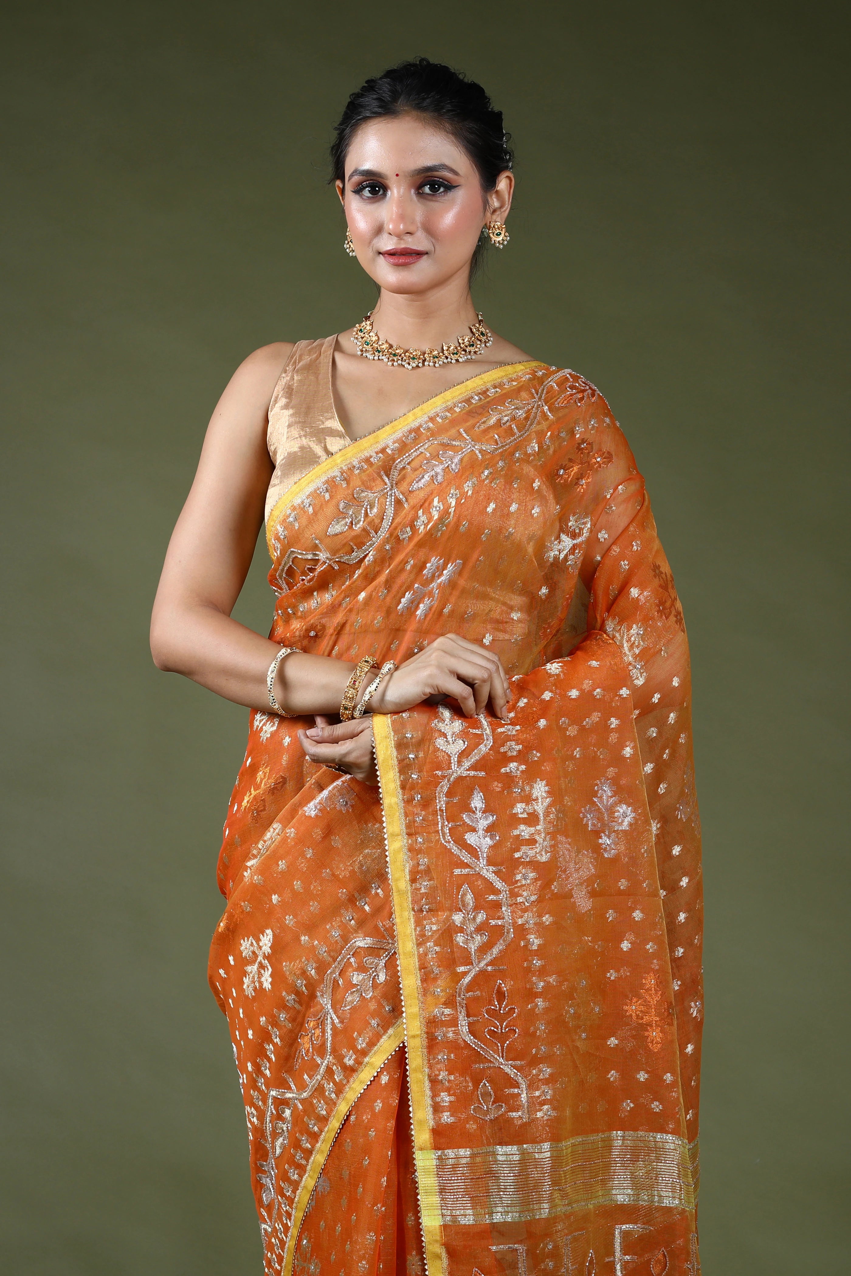 Orange Karchupi Jamdani Saree With Blouse Piece