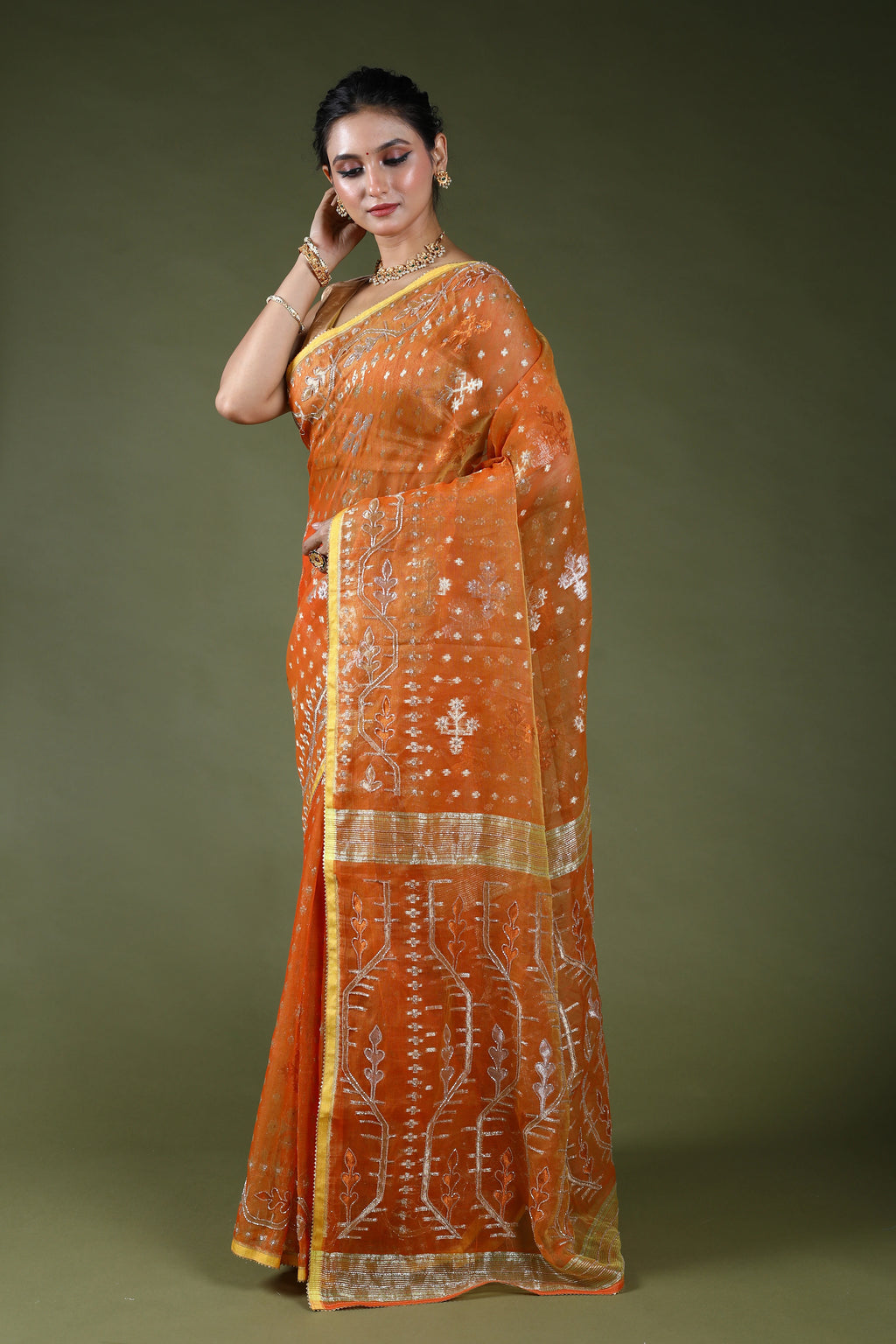 Orange Karchupi Jamdani Saree With Blouse Piece