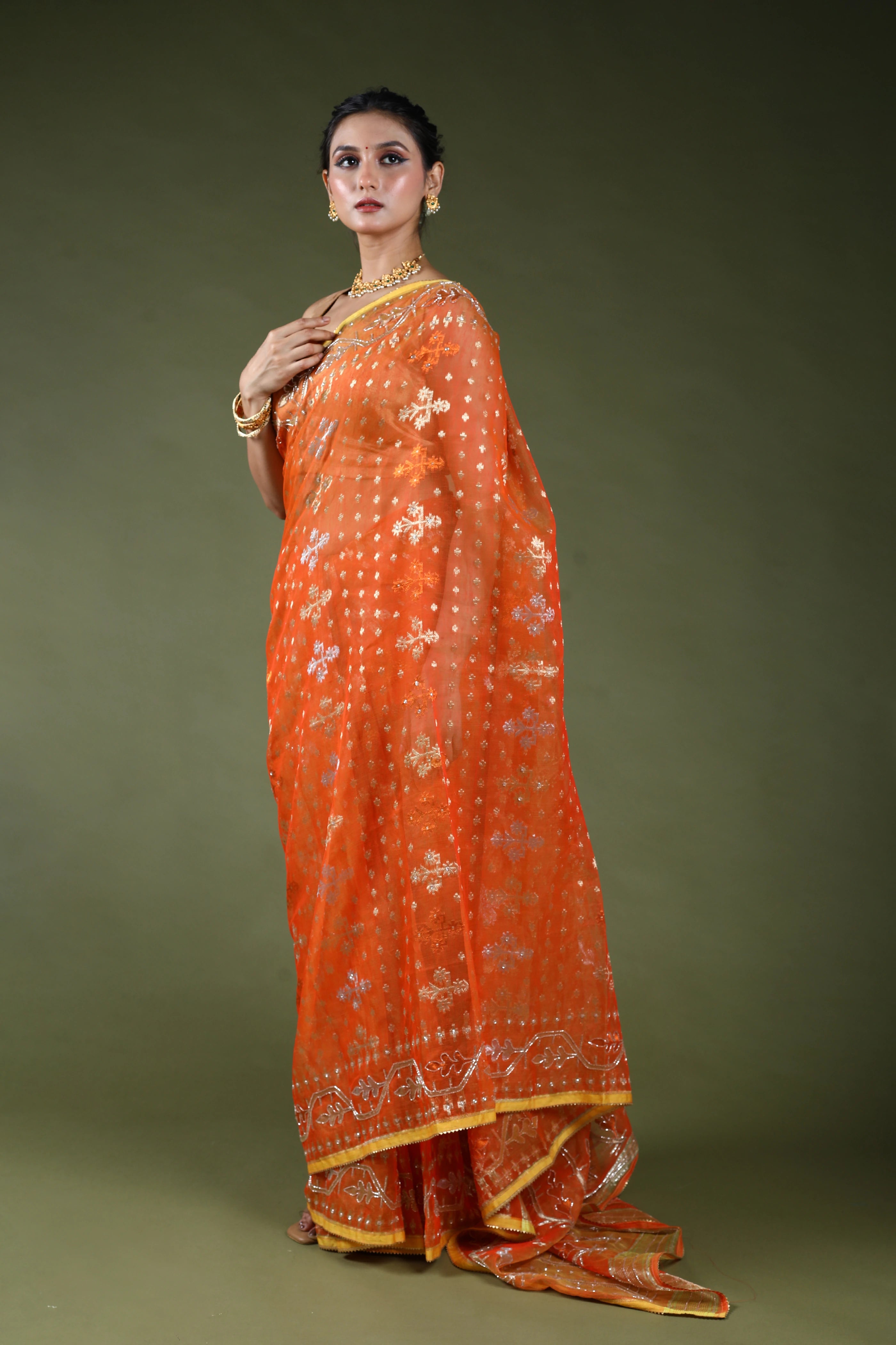 Orange Karchupi Jamdani Saree With Blouse Piece