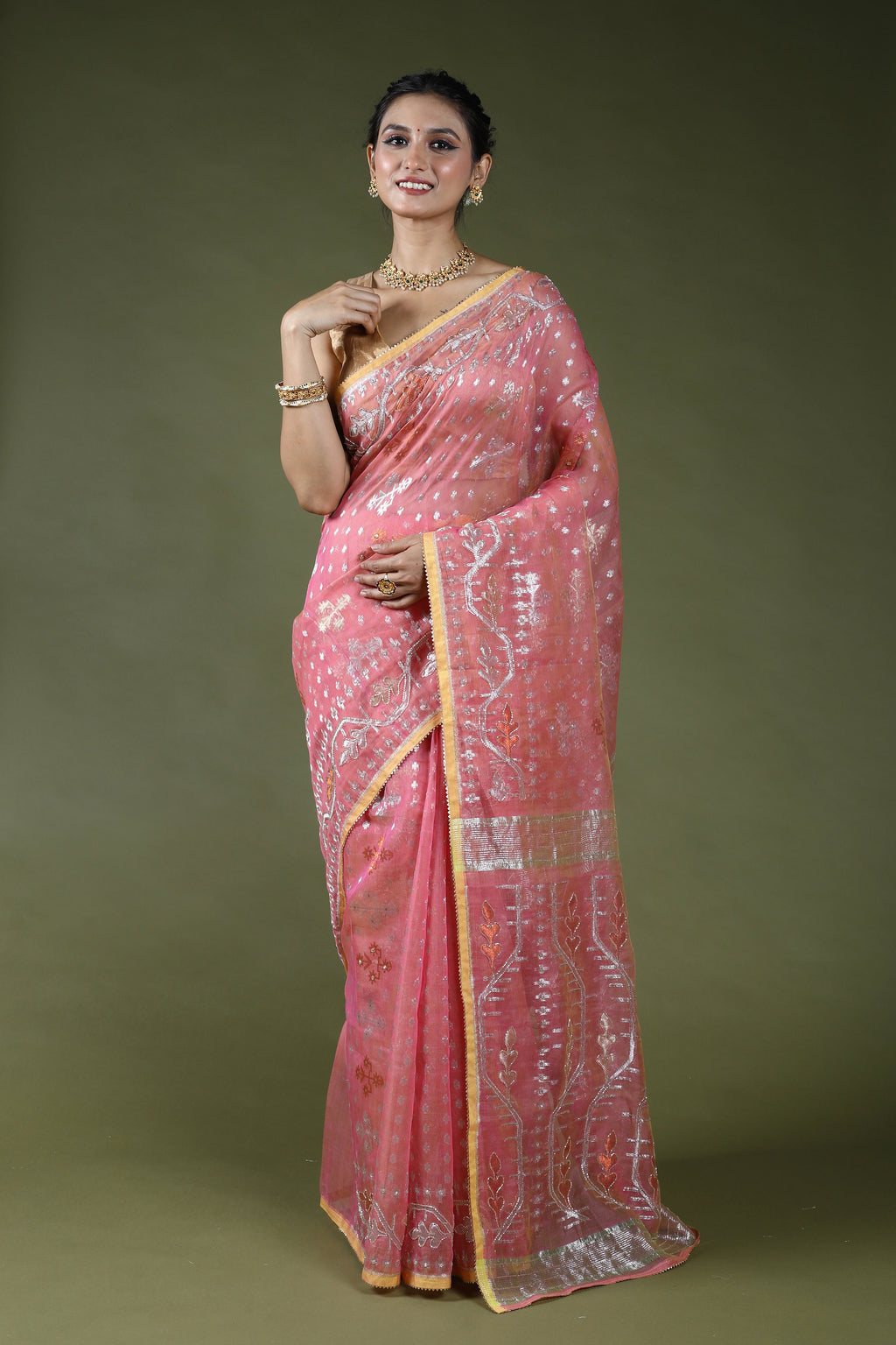 Peach Pink Karchupi Jamdani Saree With Blouse Piece