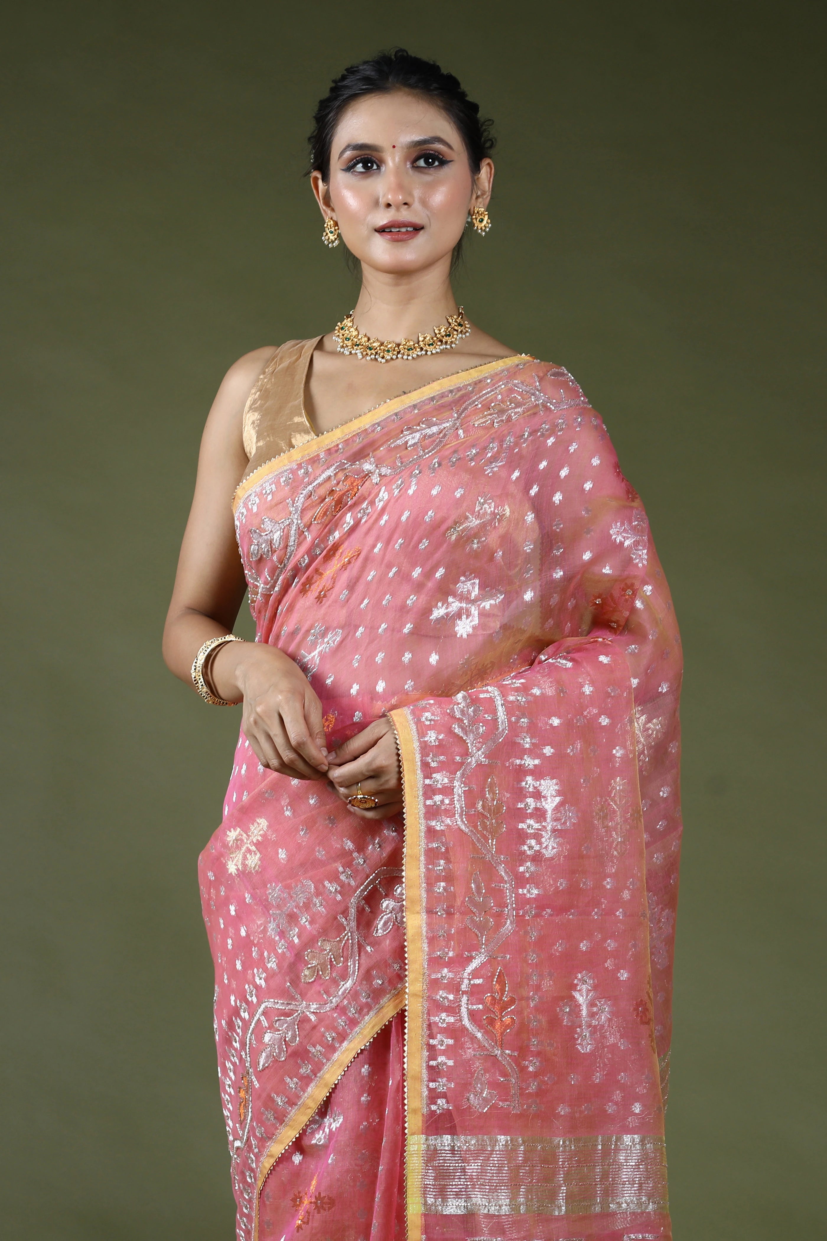 Peach Pink Karchupi Jamdani Saree With Blouse Piece