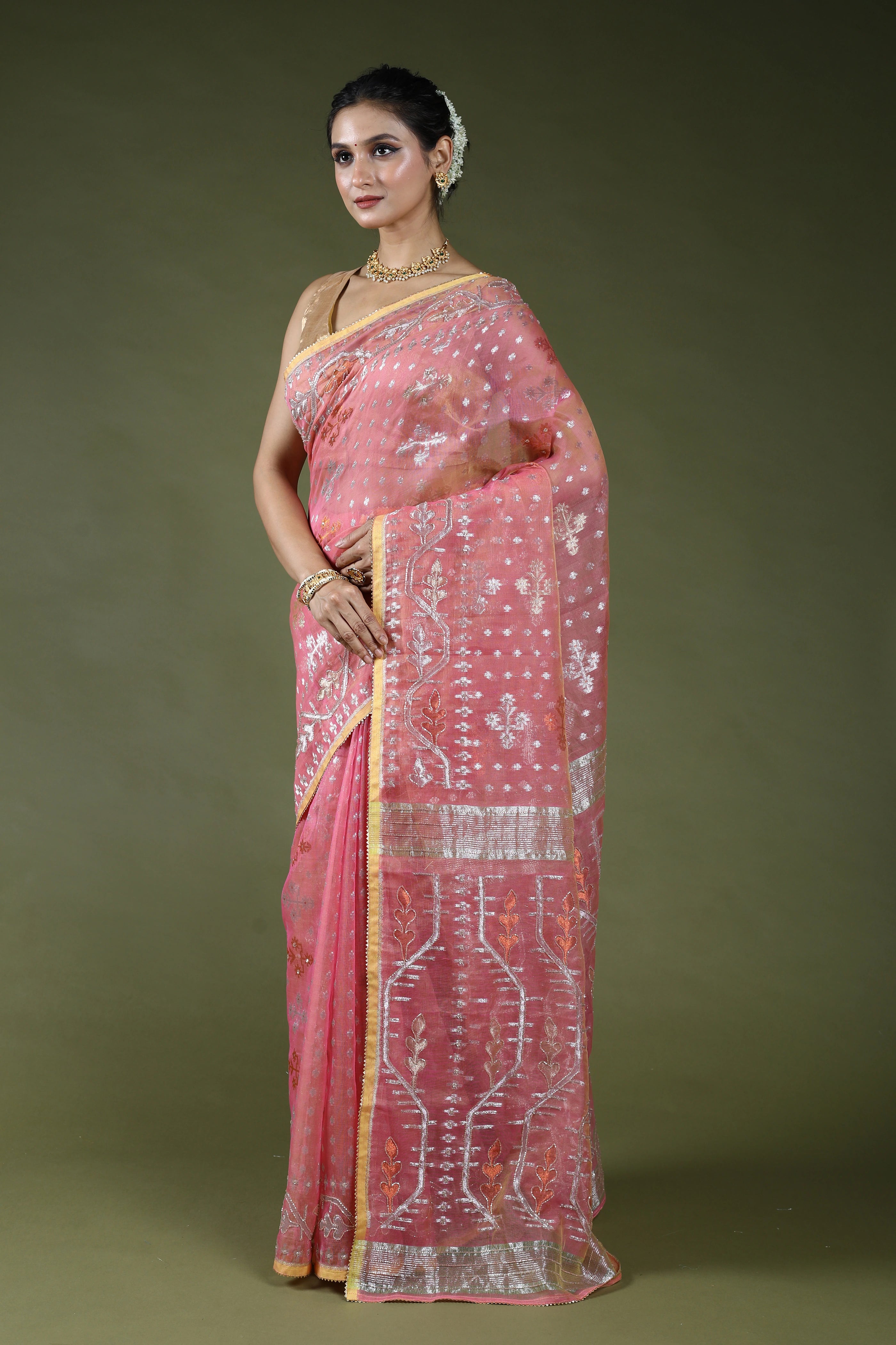 Peach Pink Karchupi Jamdani Saree With Blouse Piece