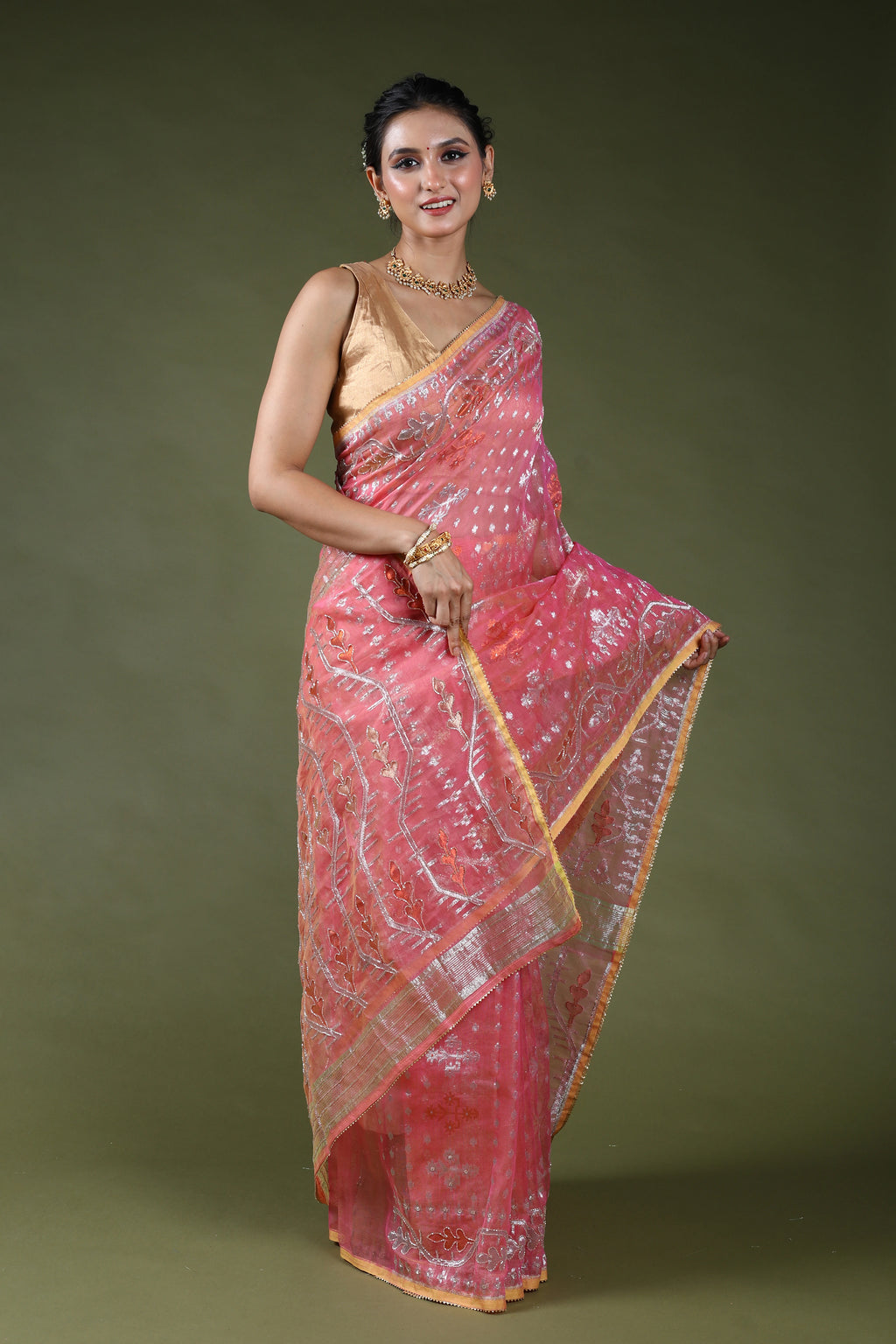 Peach Pink Karchupi Jamdani Saree With Blouse Piece
