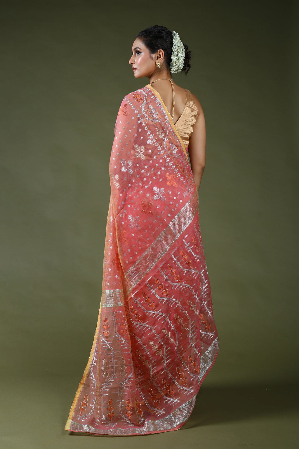 Peach Pink Karchupi Jamdani Saree With Blouse Piece