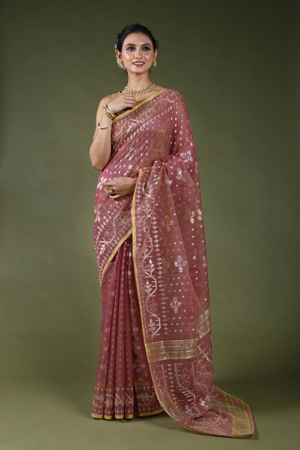 Mauve Karchupi Jamdani Saree With Blouse Piece