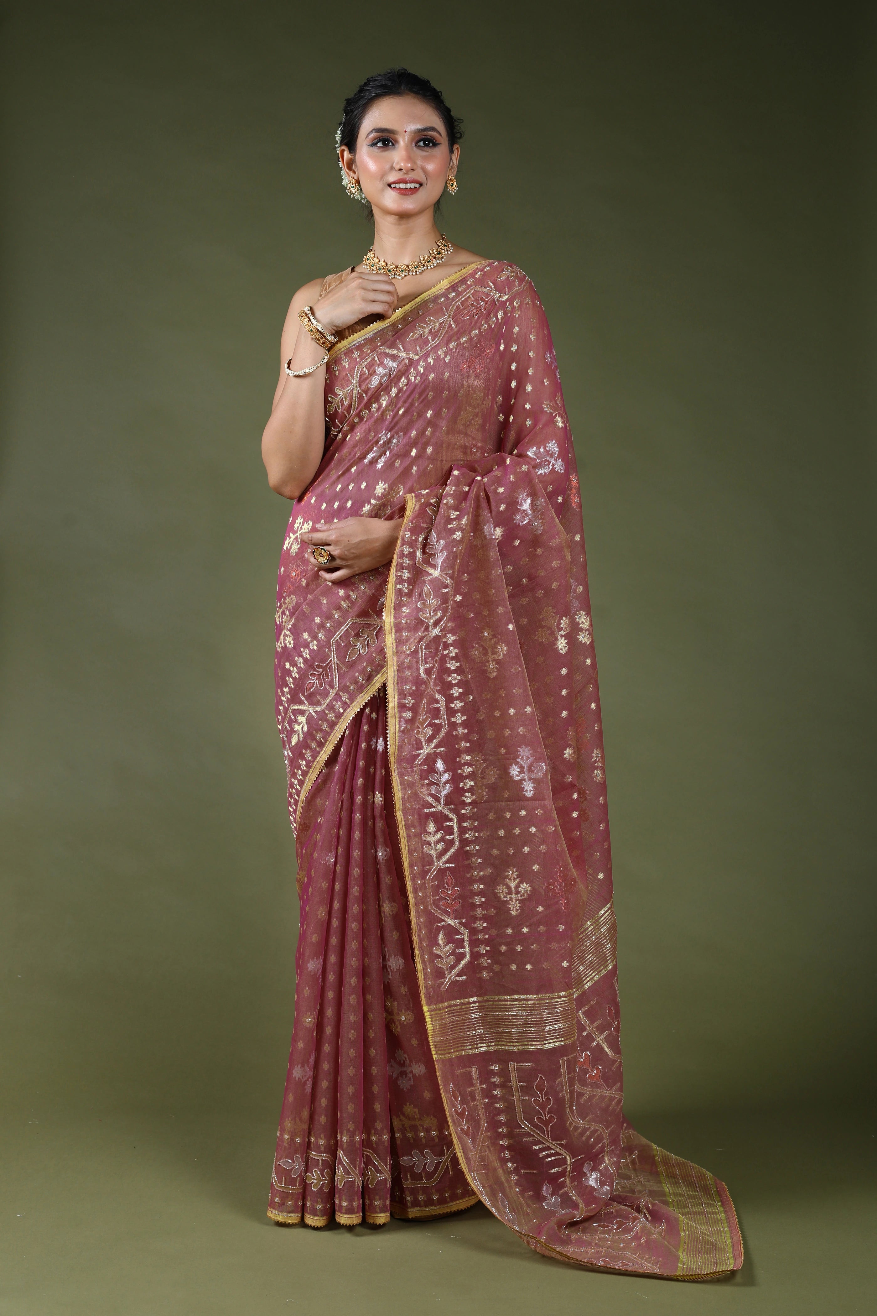 Mauve Karchupi Jamdani Saree With Blouse Piece