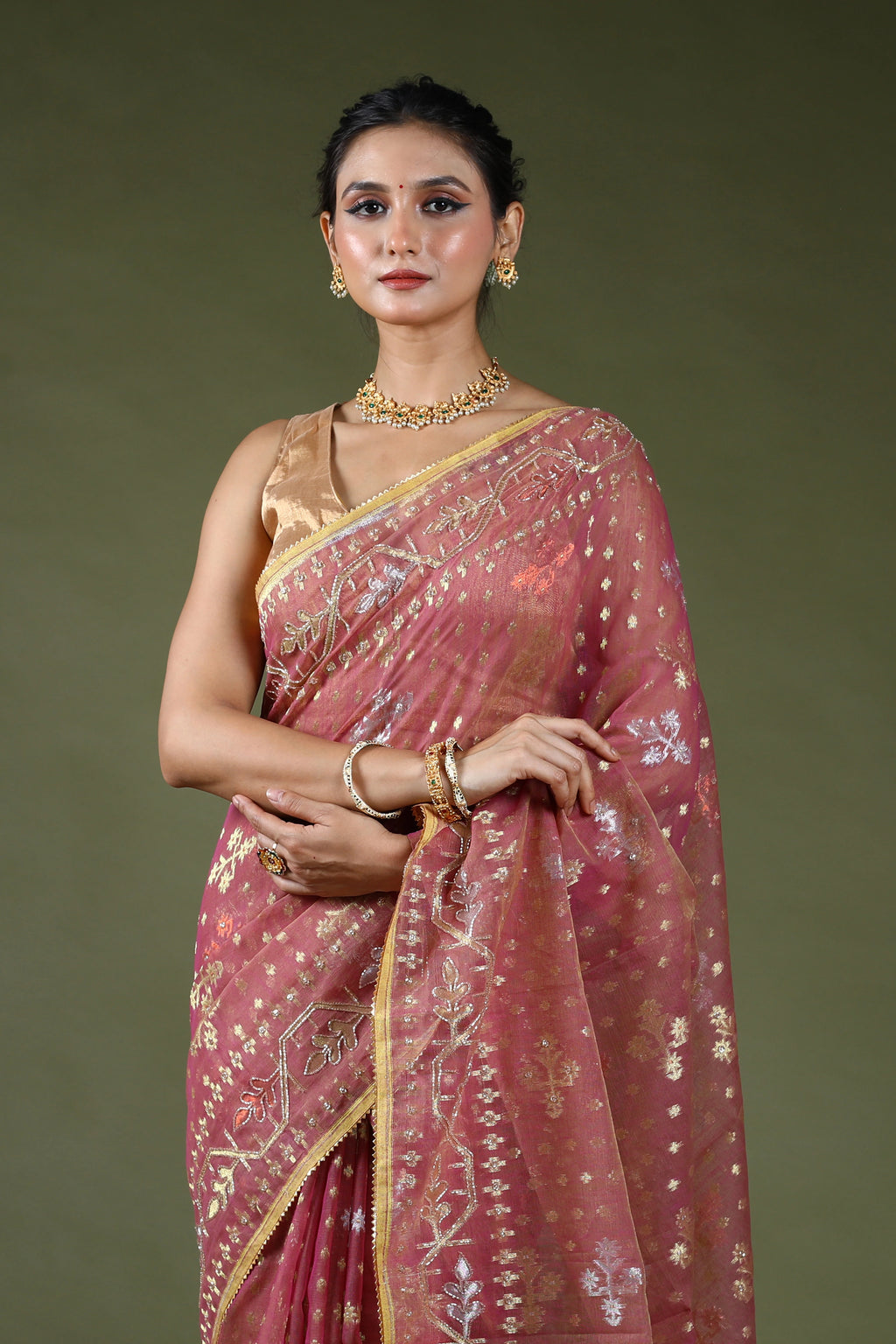 Mauve Karchupi Jamdani Saree With Blouse Piece