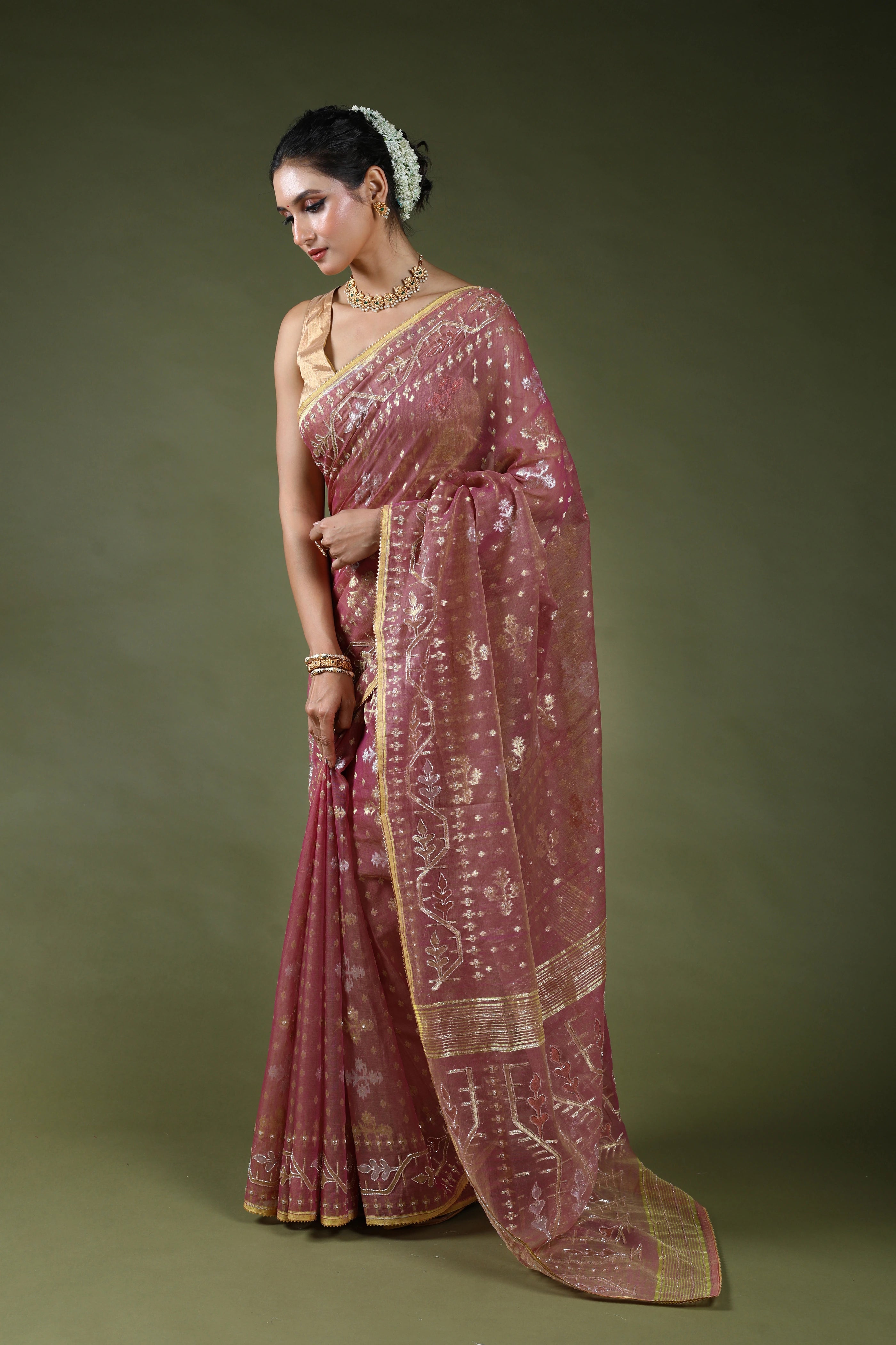 Mauve Karchupi Jamdani Saree With Blouse Piece
