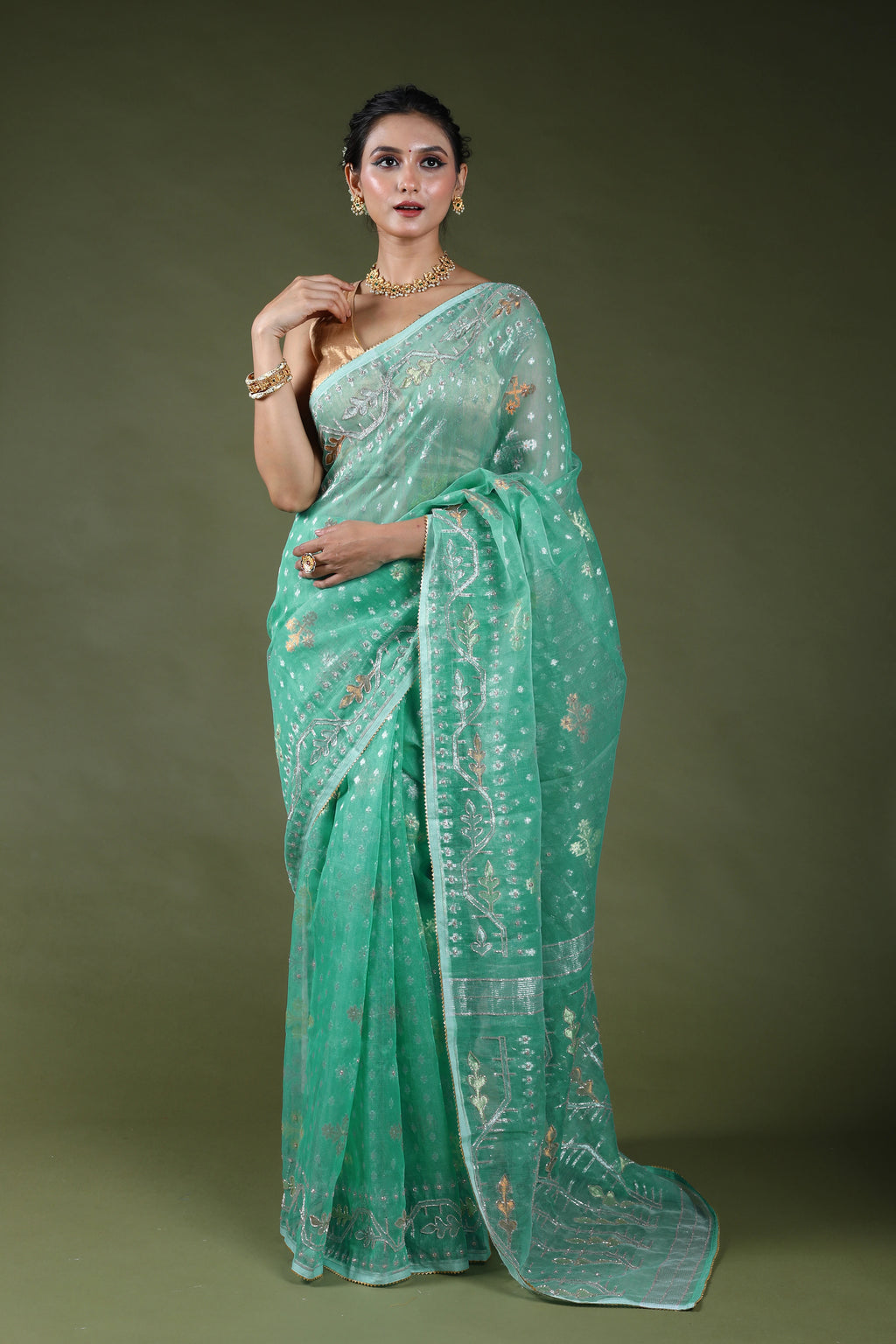 Ice Blue Karchupi Jamdani Saree With Blouse Piece