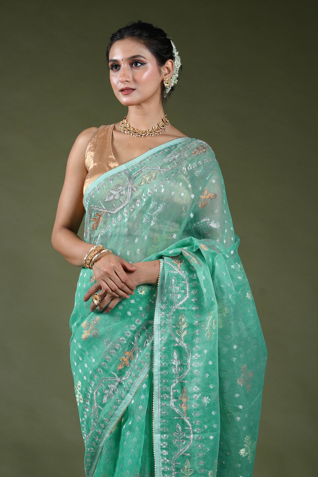 Ice Blue Karchupi Jamdani Saree With Blouse Piece