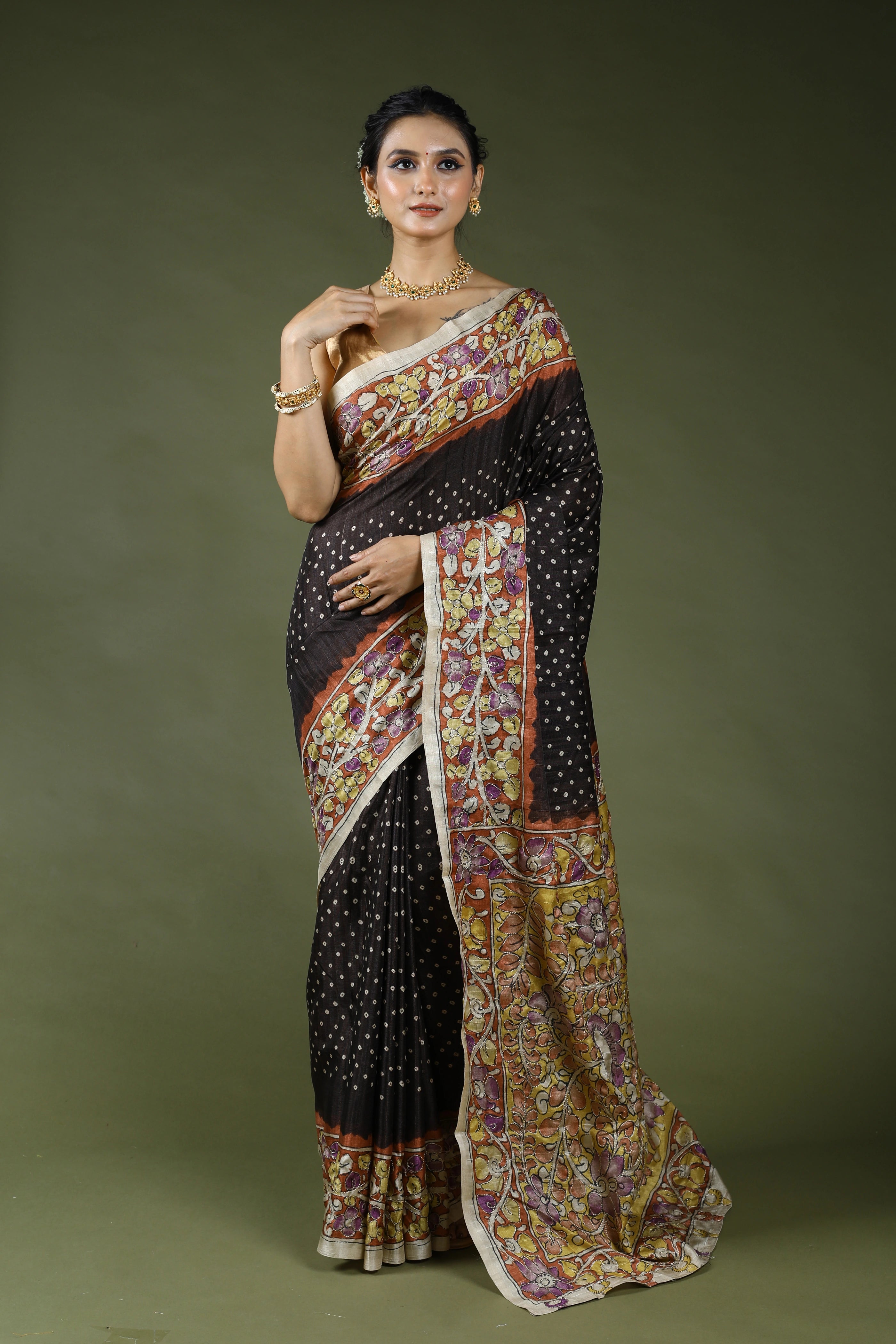 Charcoal Black Semi Tussar Saree With Blouse Piece