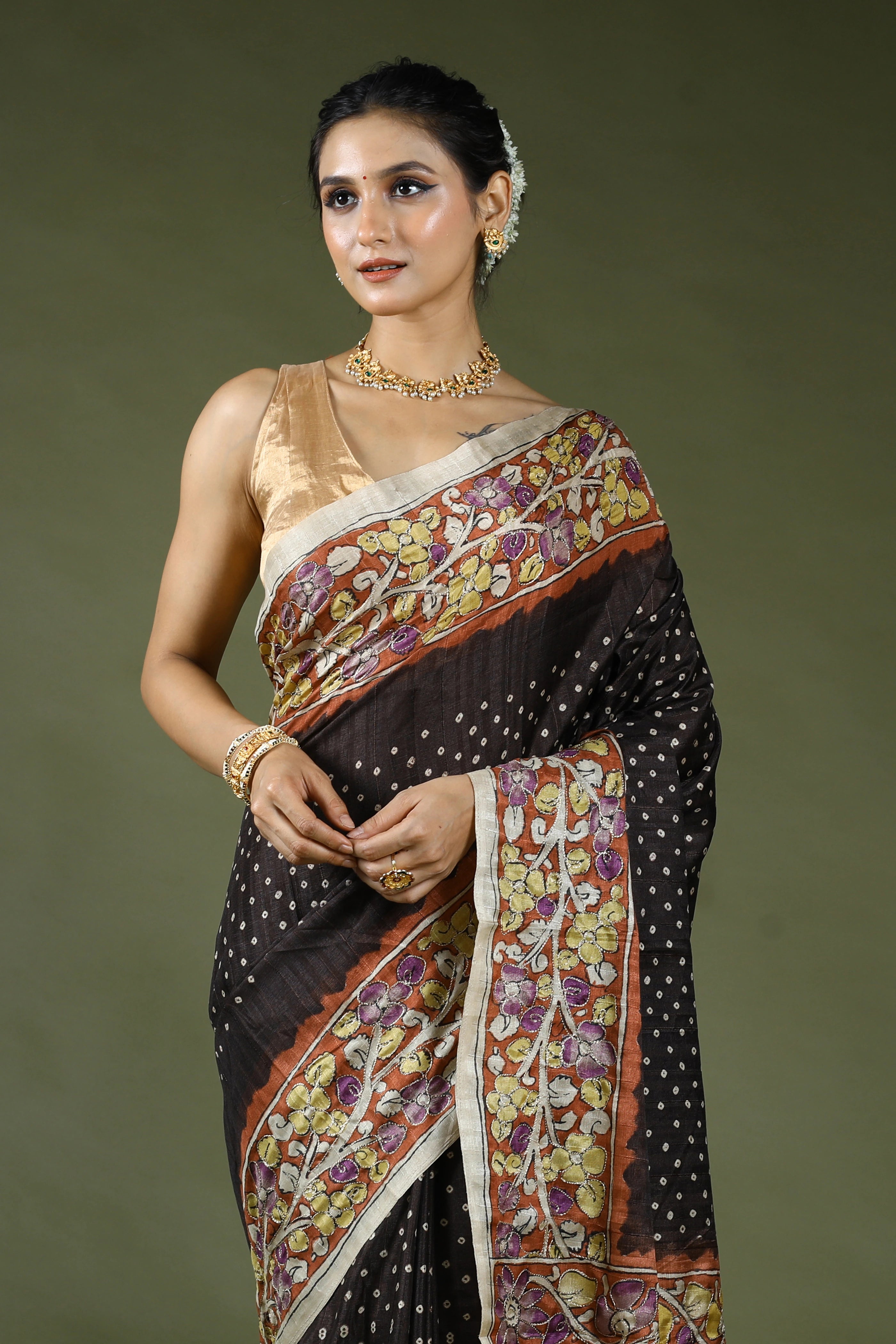 Charcoal Black Semi Tussar Saree With Blouse Piece