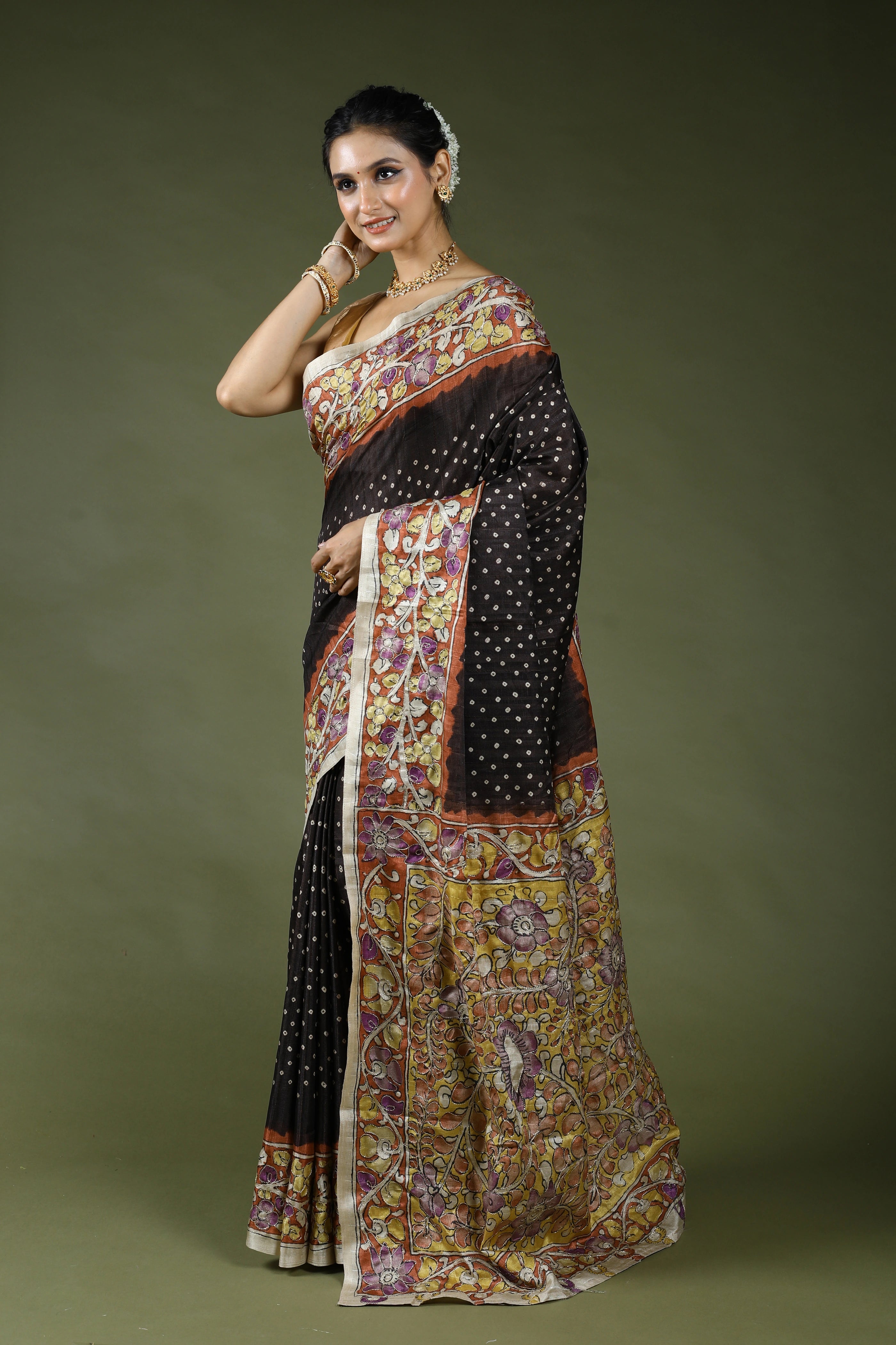 Charcoal Black Semi Tussar Saree With Blouse Piece