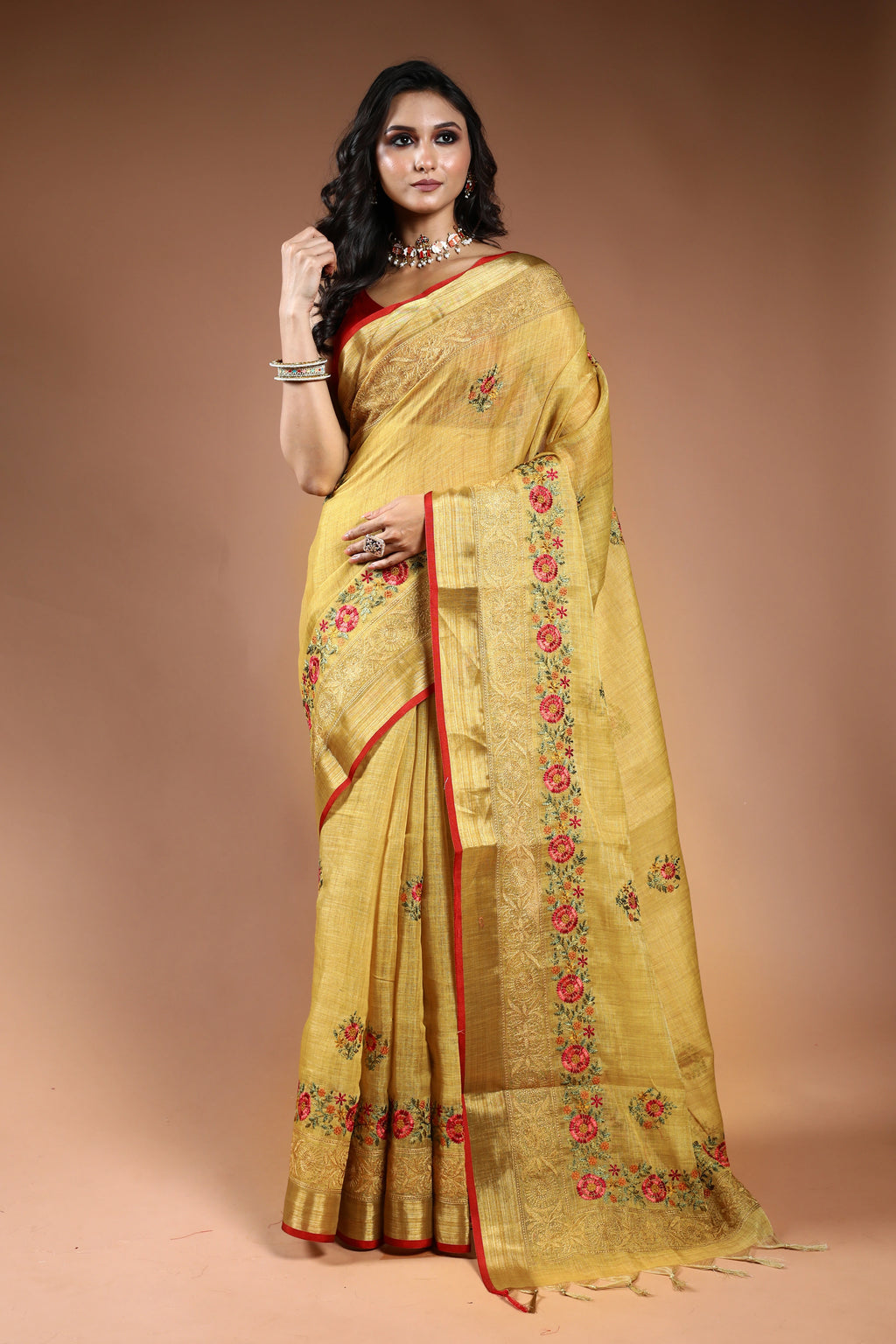 Mustard Tissue Linen Saree with Blouse Piece