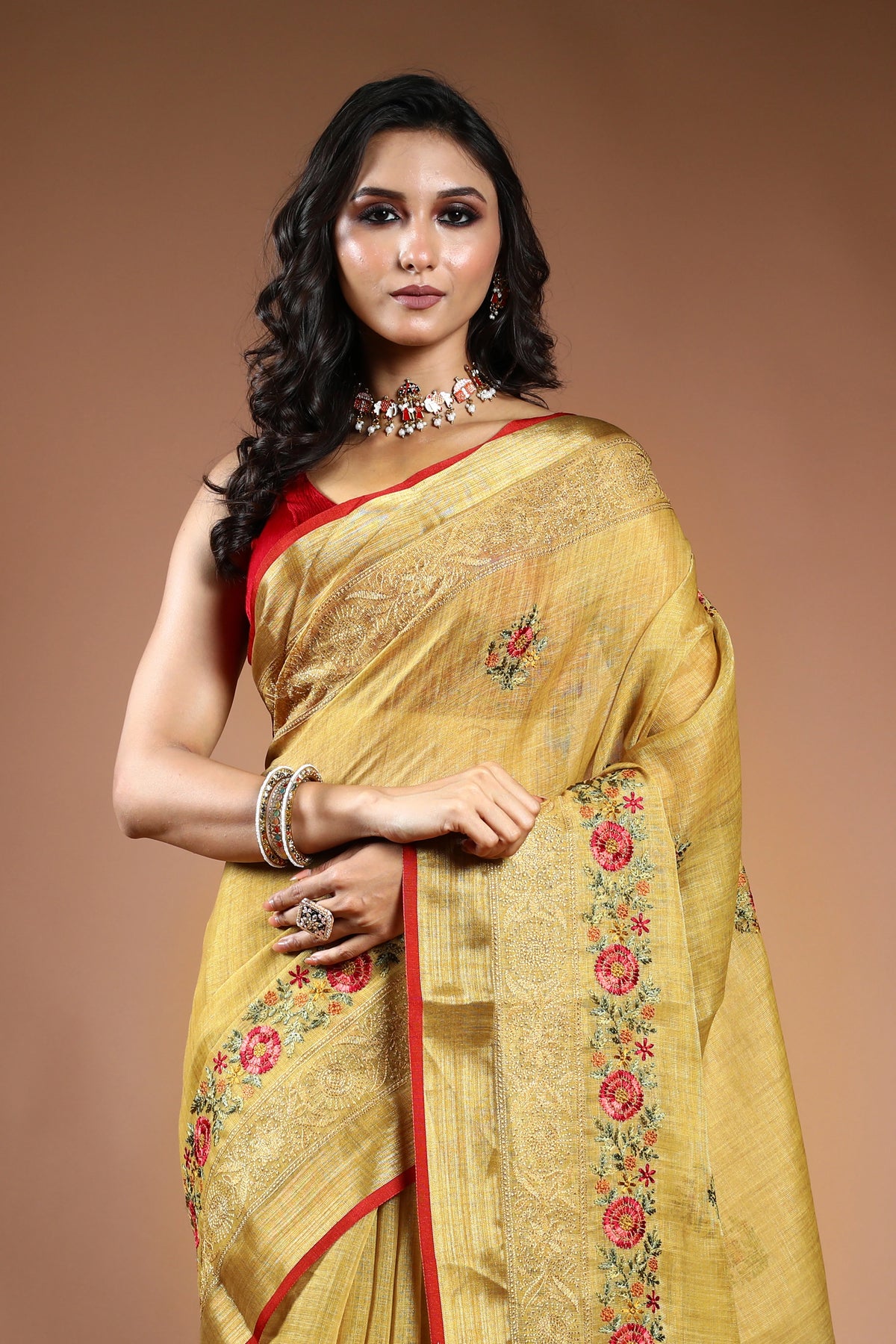 Mustard Tissue Linen Saree with Blouse Piece