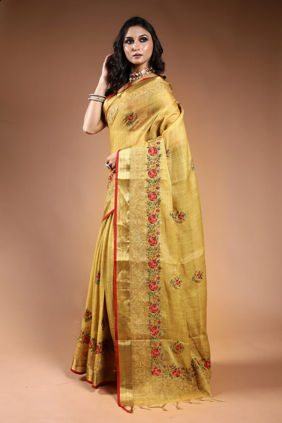 Mustard Tissue Linen Saree with Blouse Piece