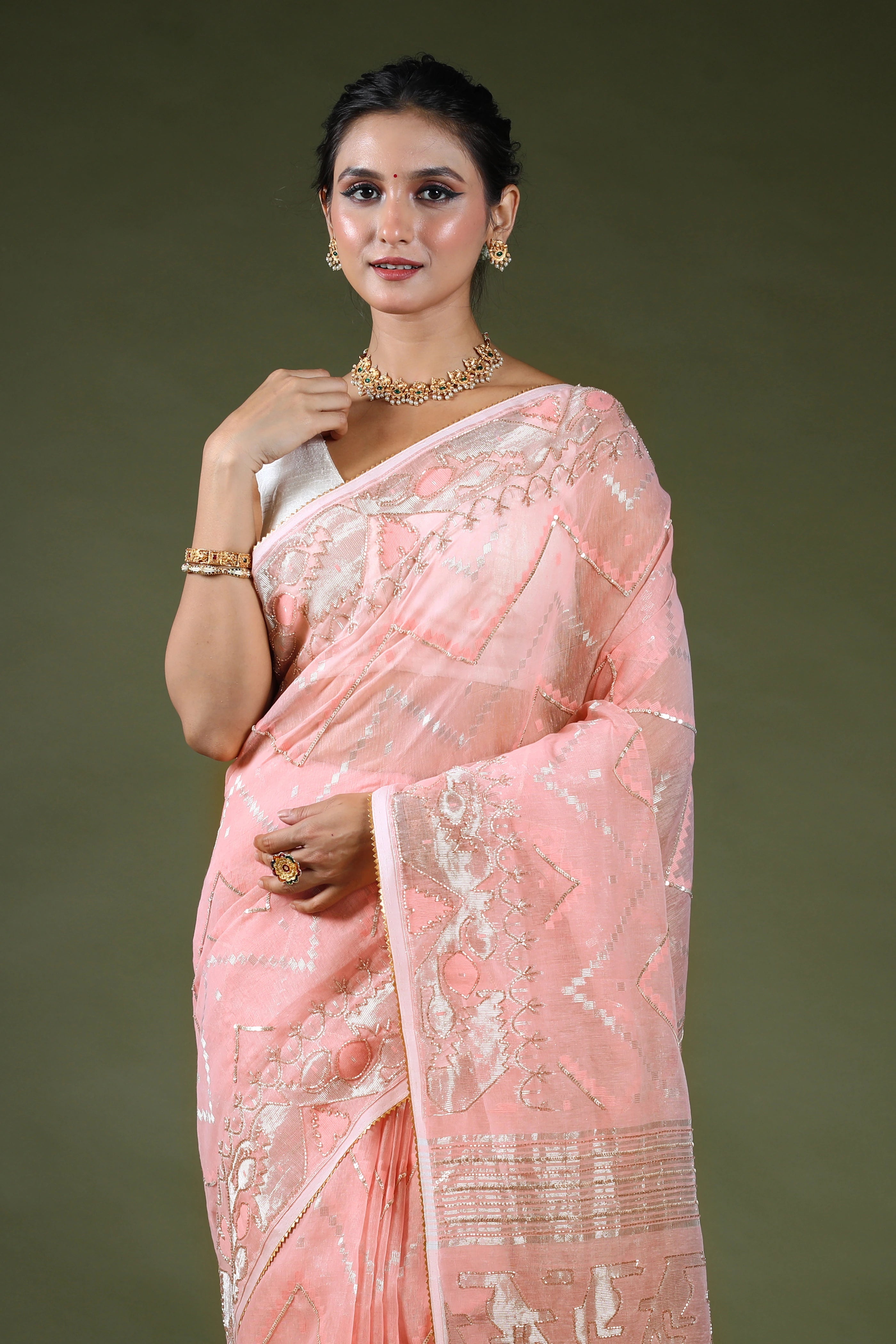 Light Peach Karchupi Jamdani Saree With Blouse Piece