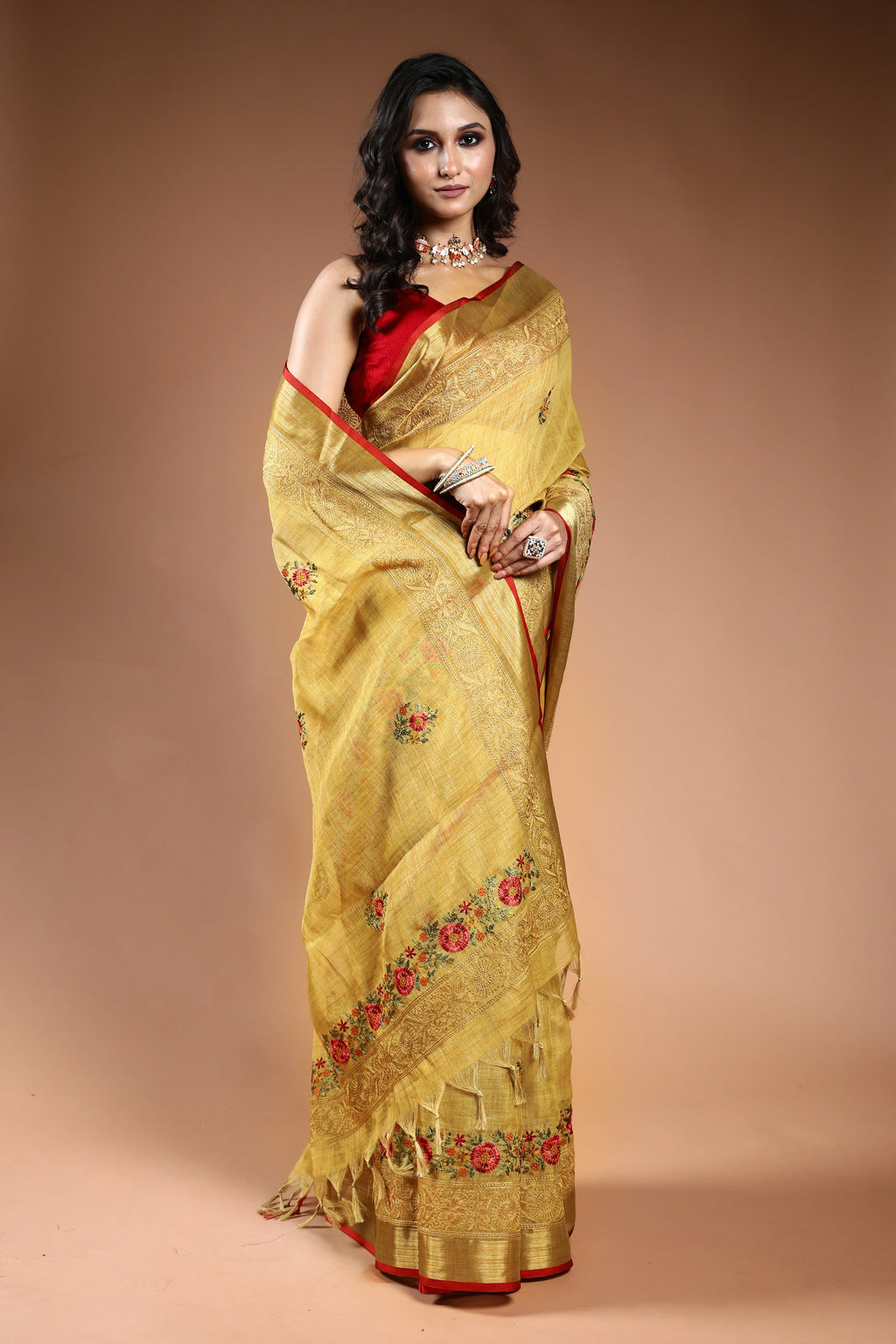 Mustard Tissue Linen Saree with Blouse Piece