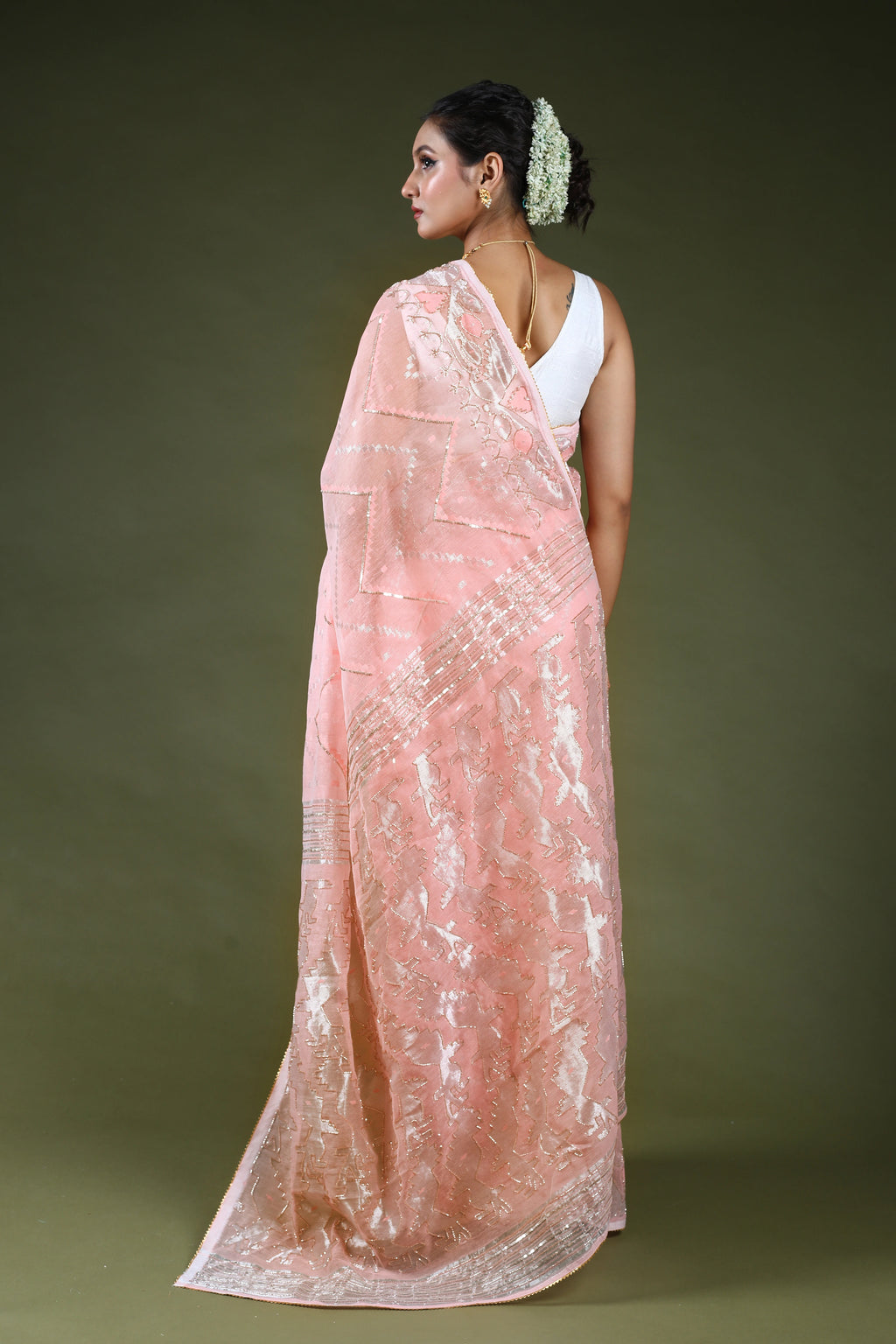 Light Peach Karchupi Jamdani Saree With Blouse Piece