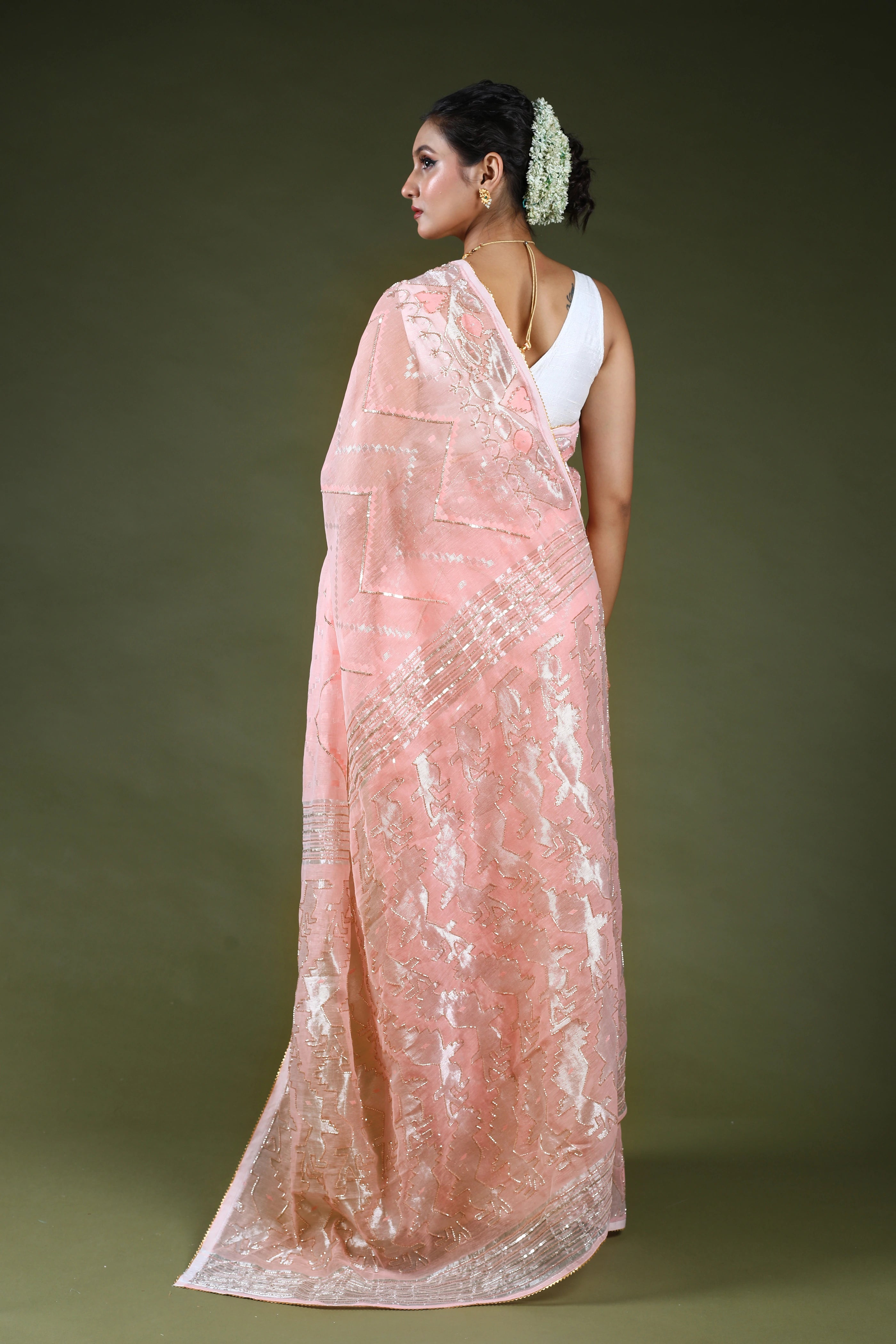 Light Peach Karchupi Jamdani Saree With Blouse Piece