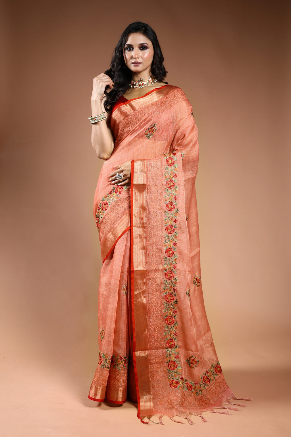 Peach Pink Tissue Linen Saree with Blouse Piece