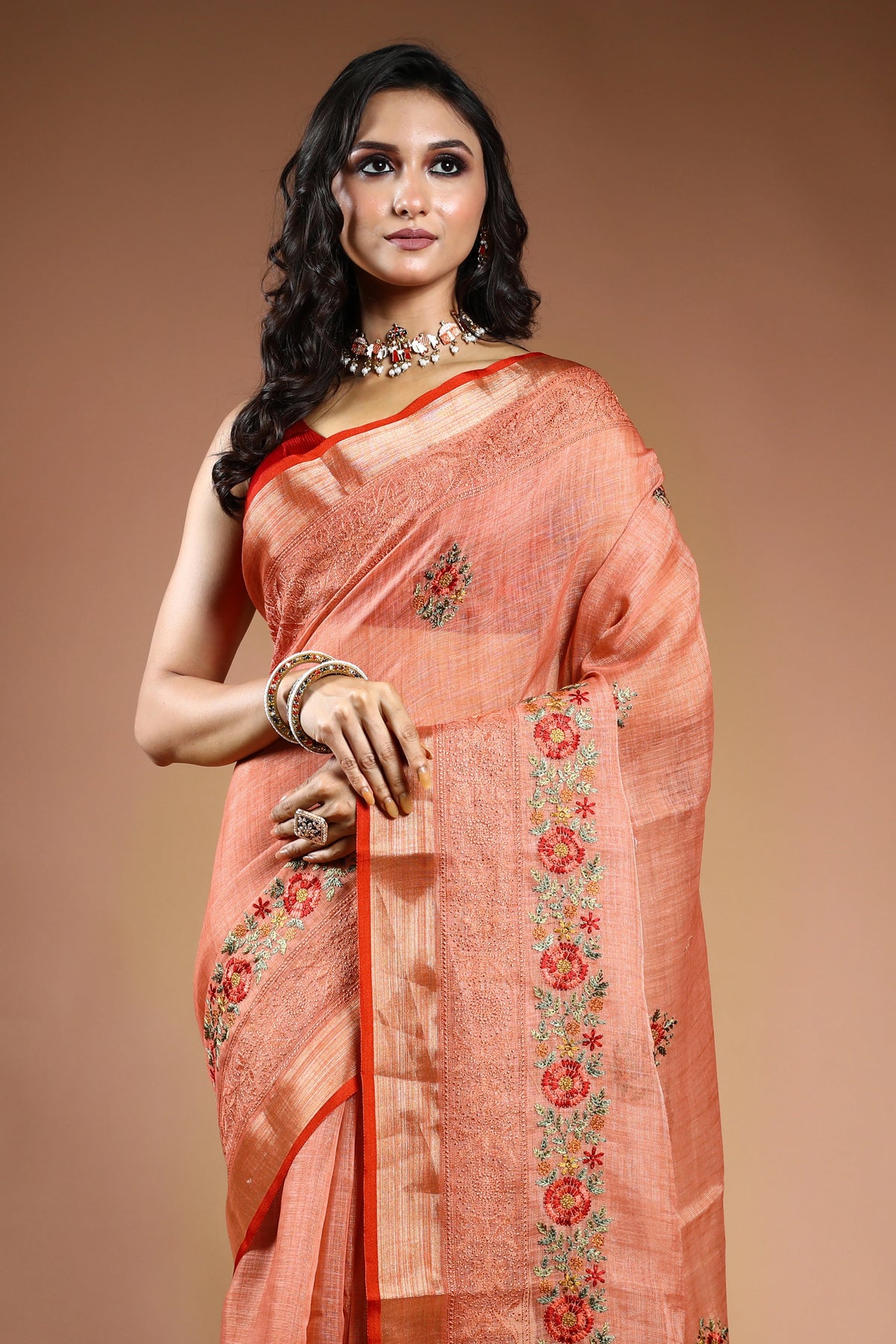 Peach Pink Tissue Linen Saree with Blouse Piece