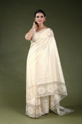 Offwhite Pure Tussar With Organza Applique Border Saree With Blouse Piece