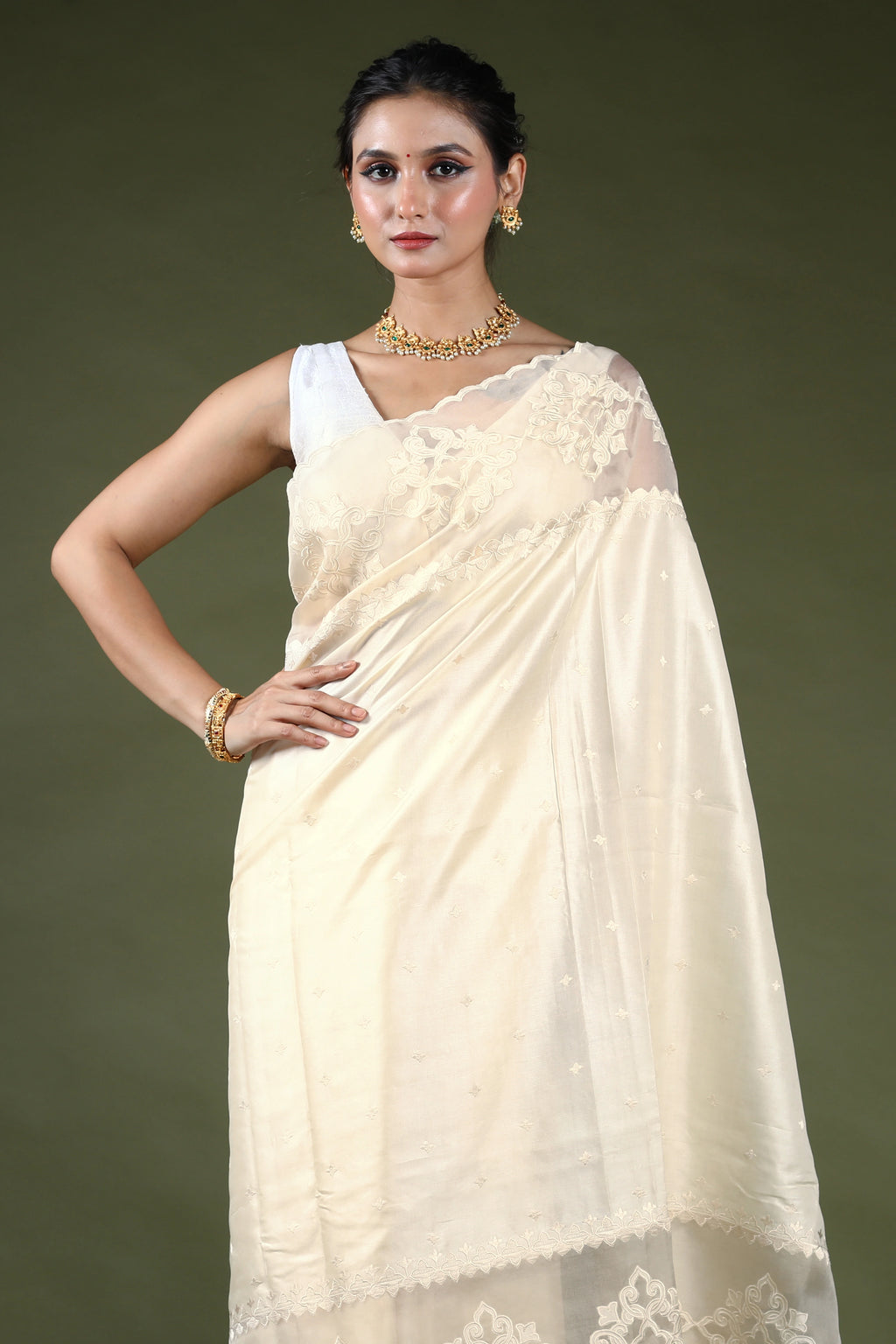 Offwhite Pure Tussar With Organza Applique Border Saree With Blouse Piece