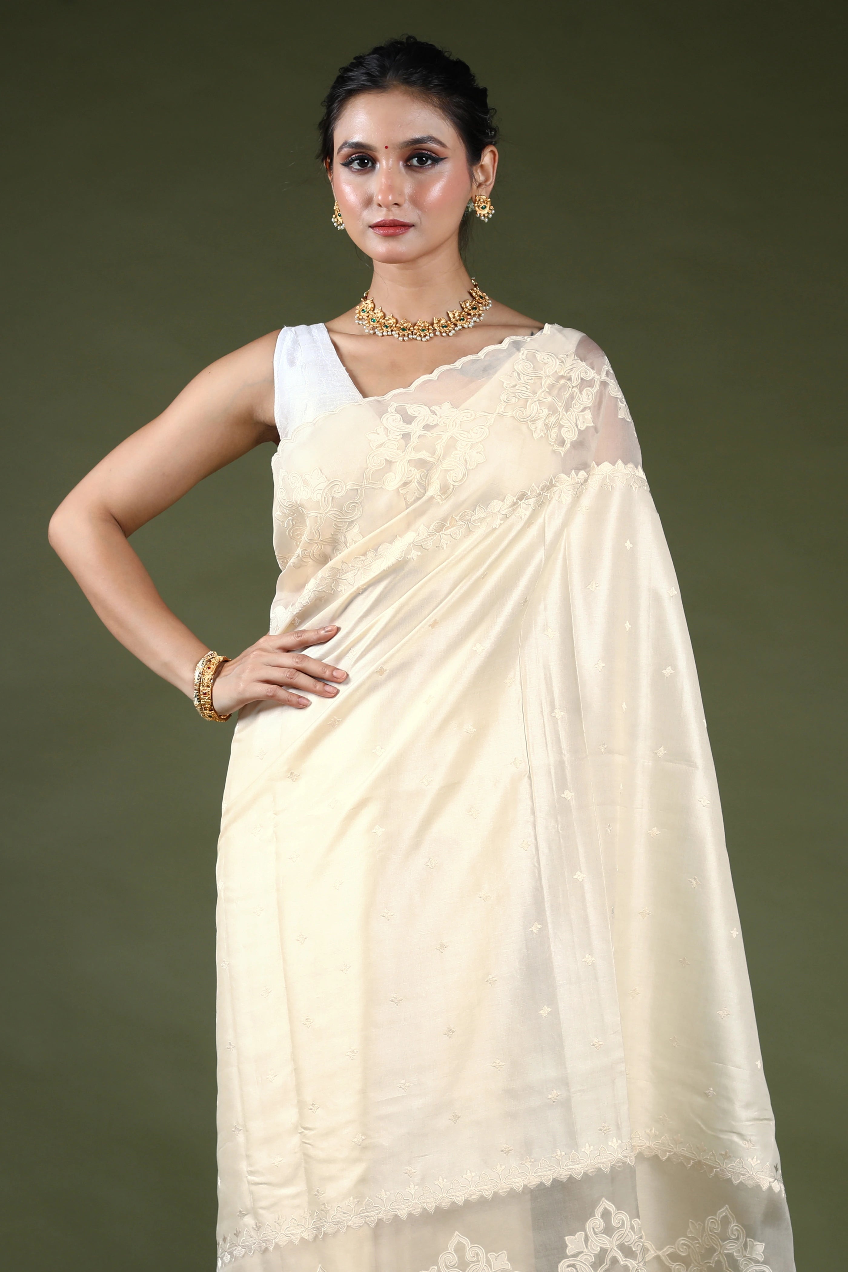 Offwhite Pure Tussar With Organza Applique Border Saree With Blouse Piece