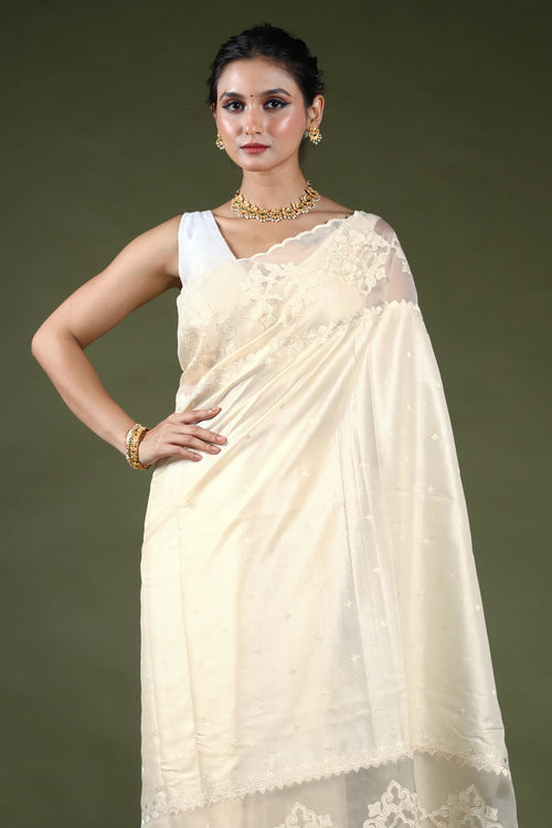 Offwhite Pure Tussar With Organza Applique Border Saree With Blouse Piece