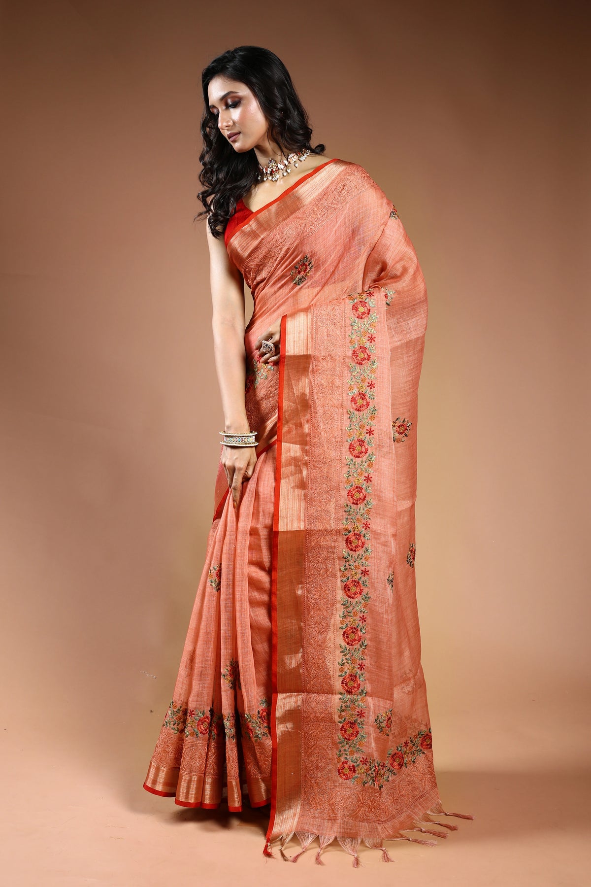 Peach Pink Tissue Linen Saree with Blouse Piece