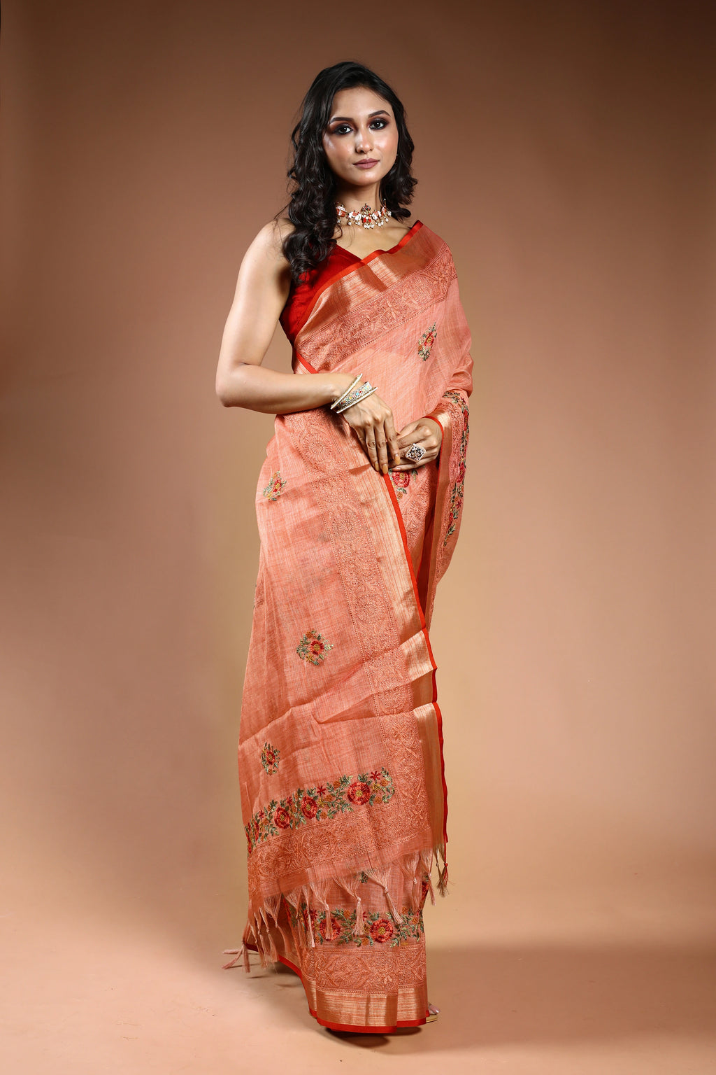 Peach Pink Tissue Linen Saree with Blouse Piece