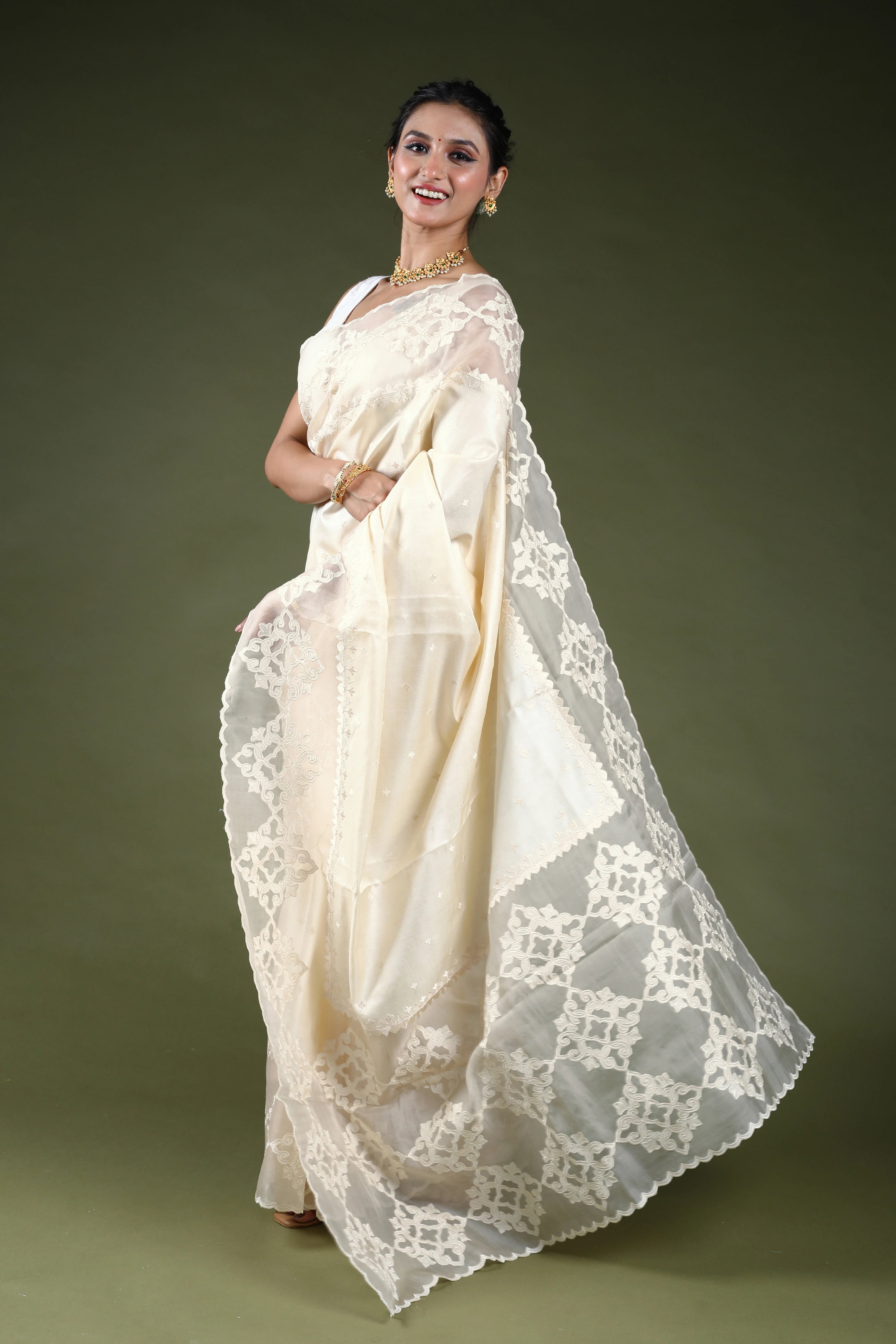 Offwhite Pure Tussar With Organza Applique Border Saree With Blouse Piece