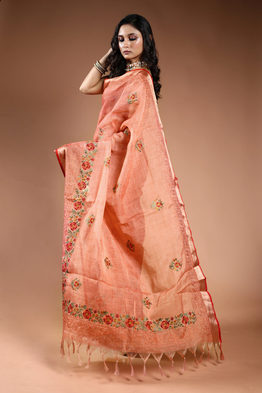 Peach Pink Tissue Linen Saree with Blouse Piece