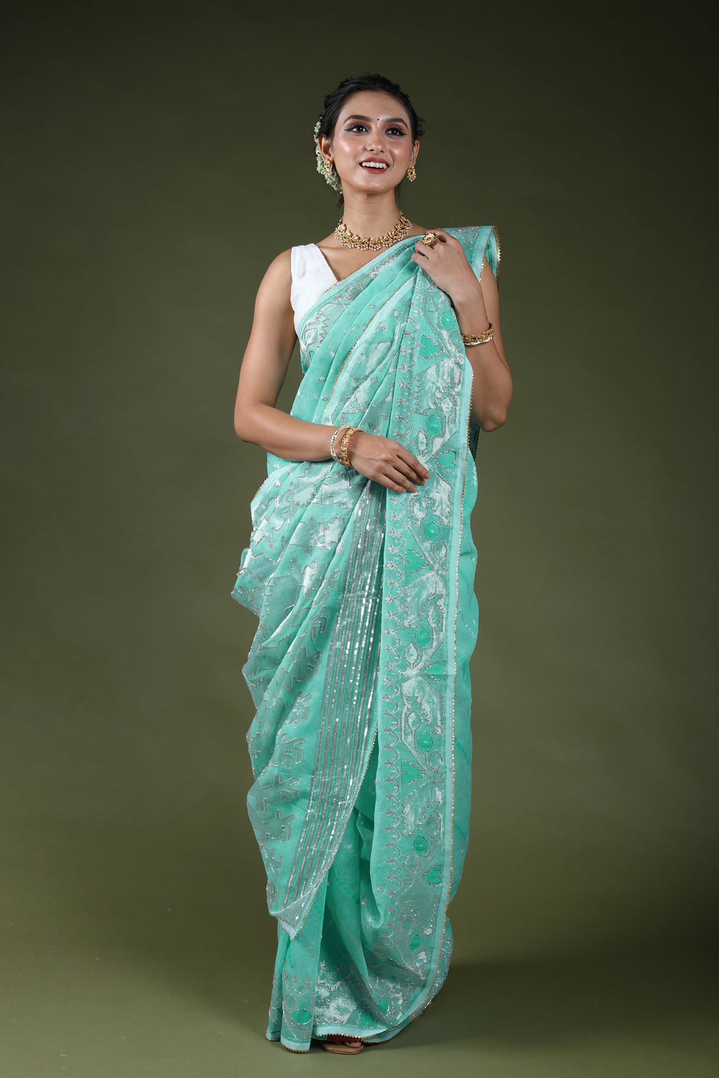 Ice Blue Karchupi Jamdani Saree With Blouse Piece