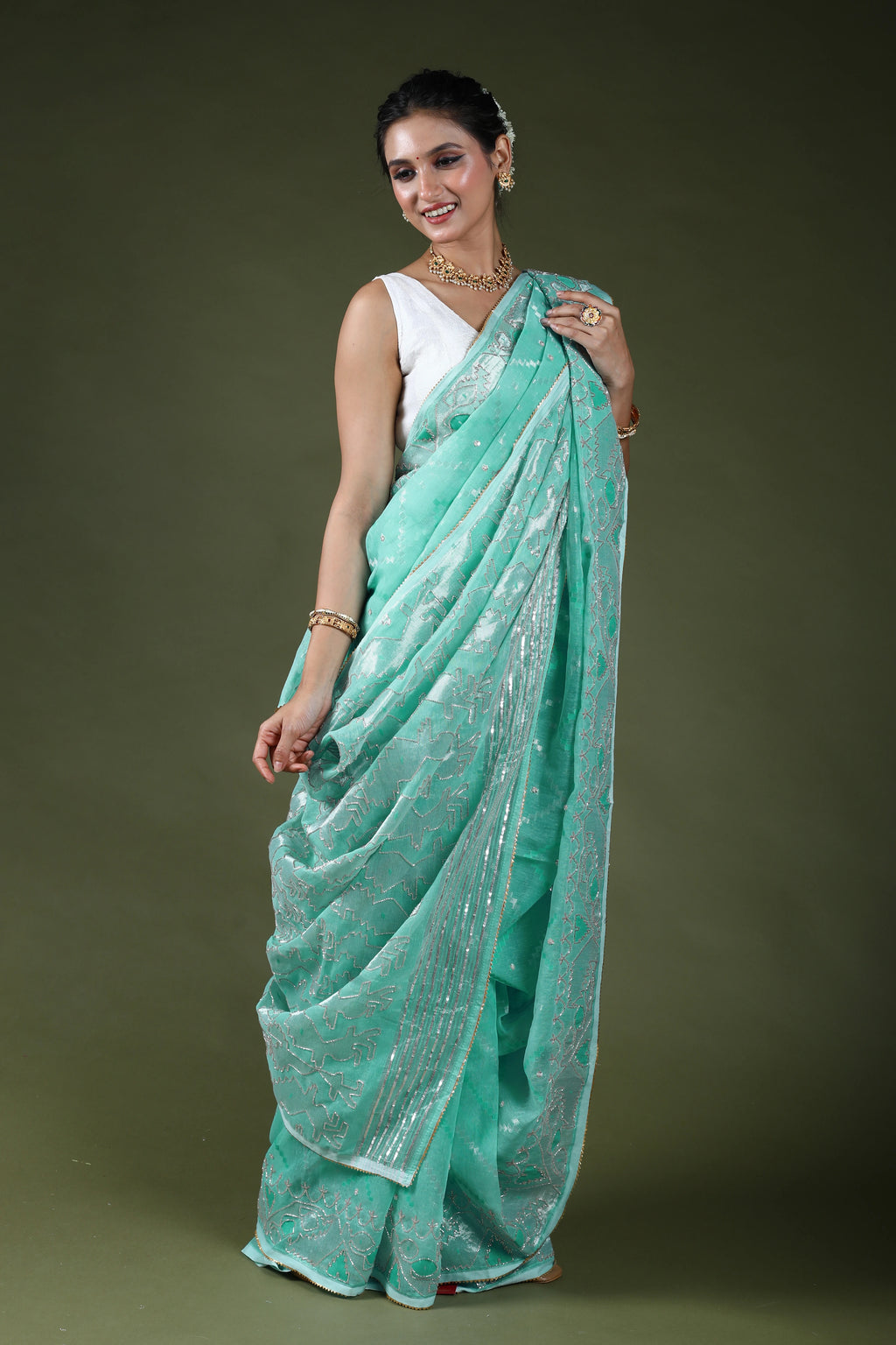 Ice Blue Karchupi Jamdani Saree With Blouse Piece