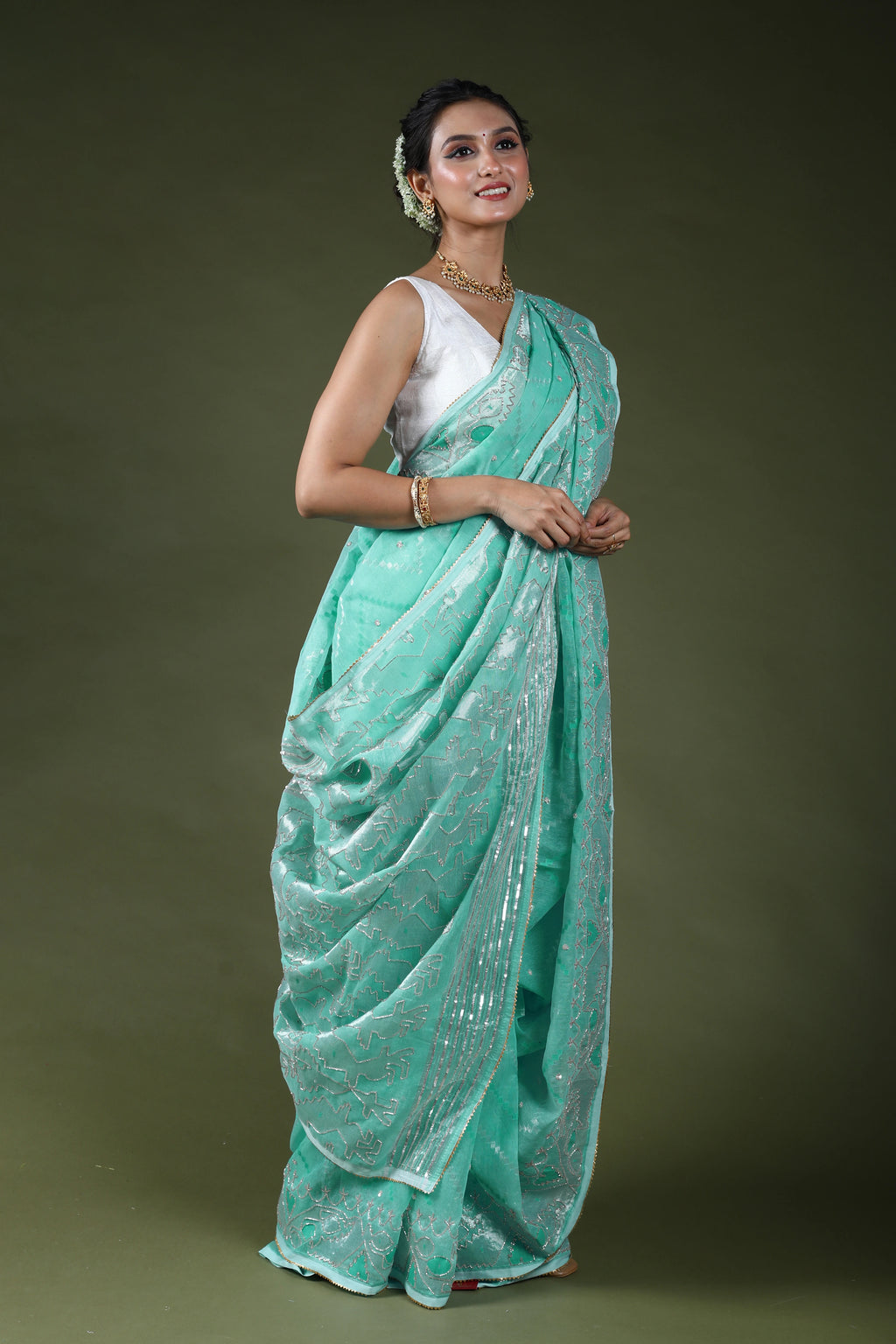 Ice Blue Karchupi Jamdani Saree With Blouse Piece