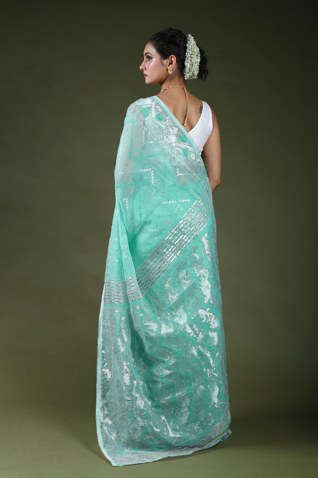 Ice Blue Karchupi Jamdani Saree With Blouse Piece